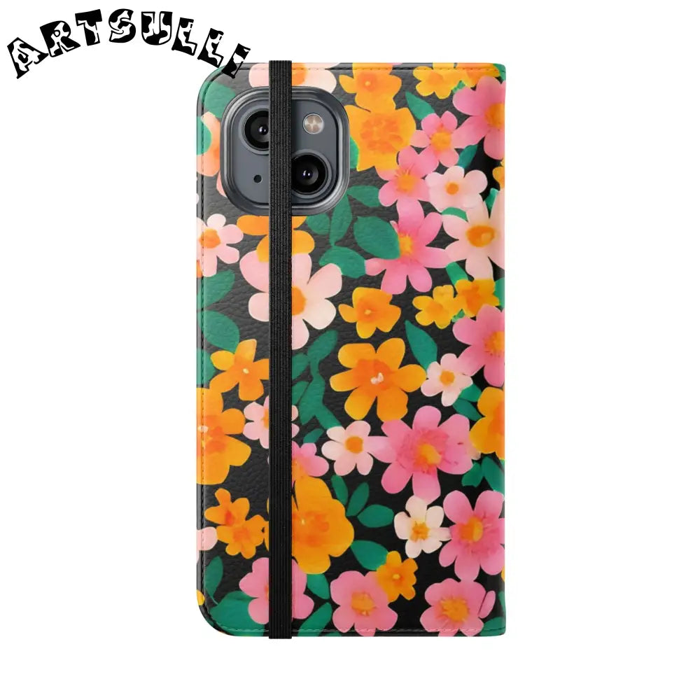 Vibrant Floral Pattern Black Flip Case, Artsulli - Art is Long, Life is Short, Phone Case, , , , , , ,
