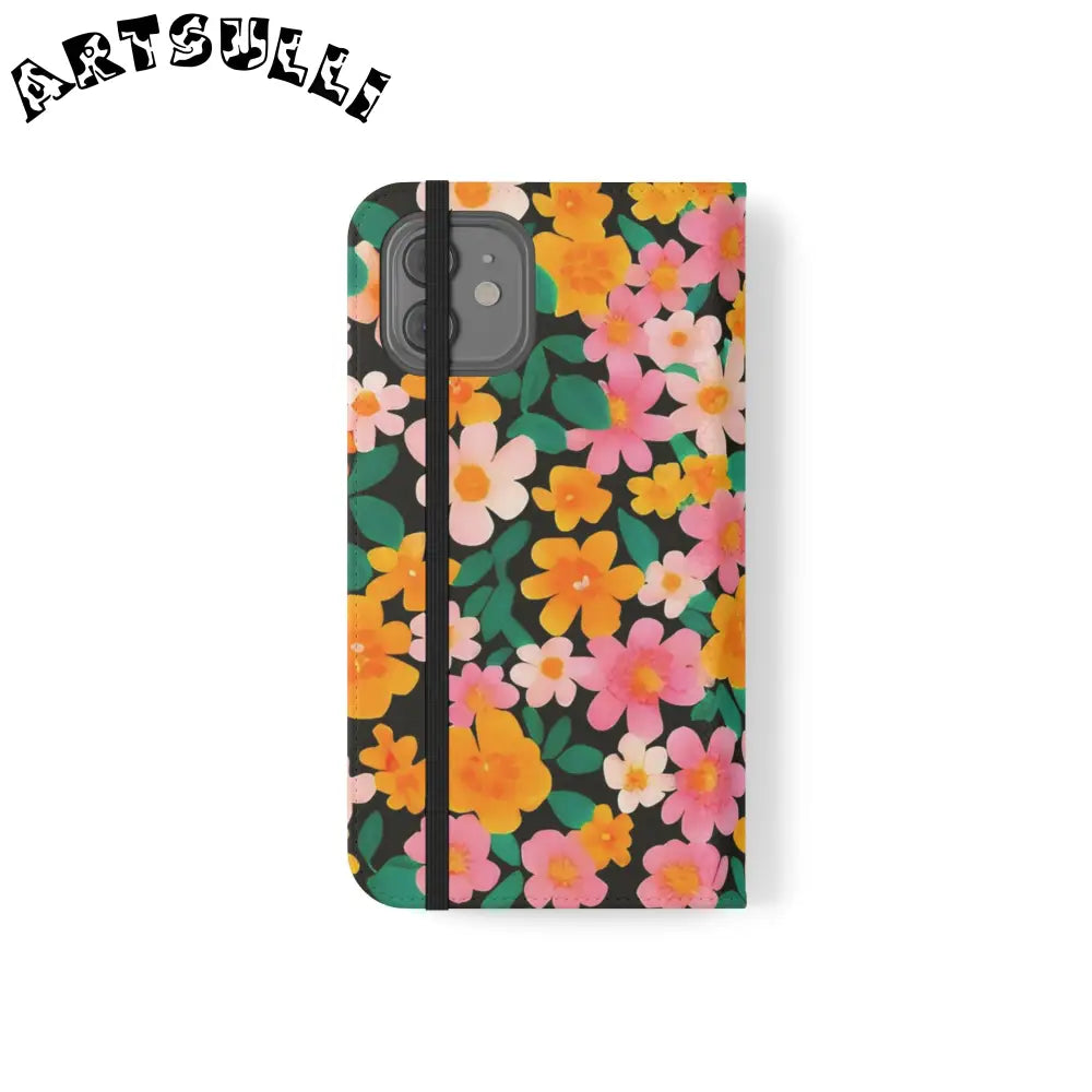 Vibrant Floral Pattern Black Flip Case, Artsulli - Art is Long, Life is Short, Phone Case, , , , , , ,