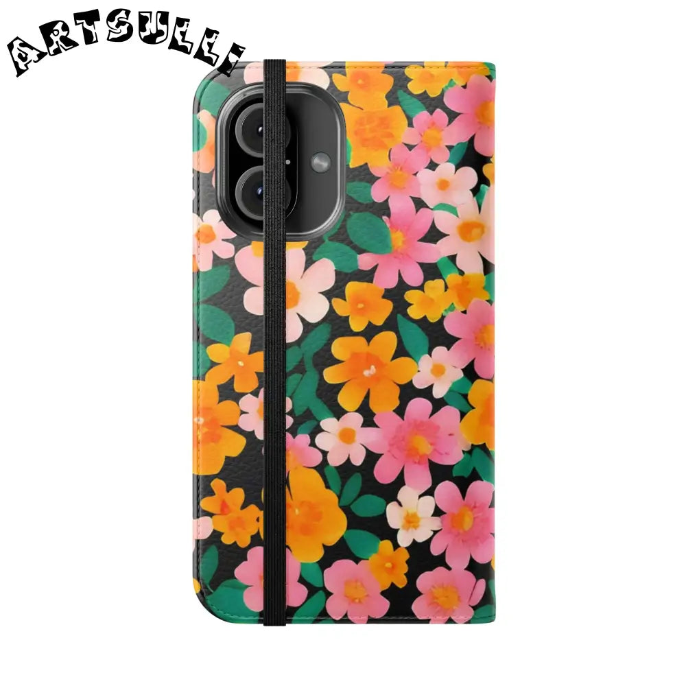 Vibrant Floral Pattern Black Flip Case, Artsulli - Art is Long, Life is Short, Phone Case, , , , , , ,
