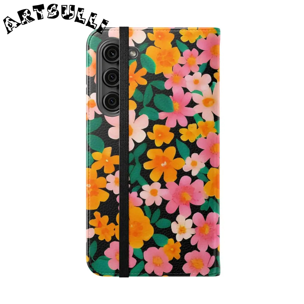 Vibrant Floral Pattern Black Flip Case, Artsulli - Art is Long, Life is Short, Phone Case, , , , , , ,