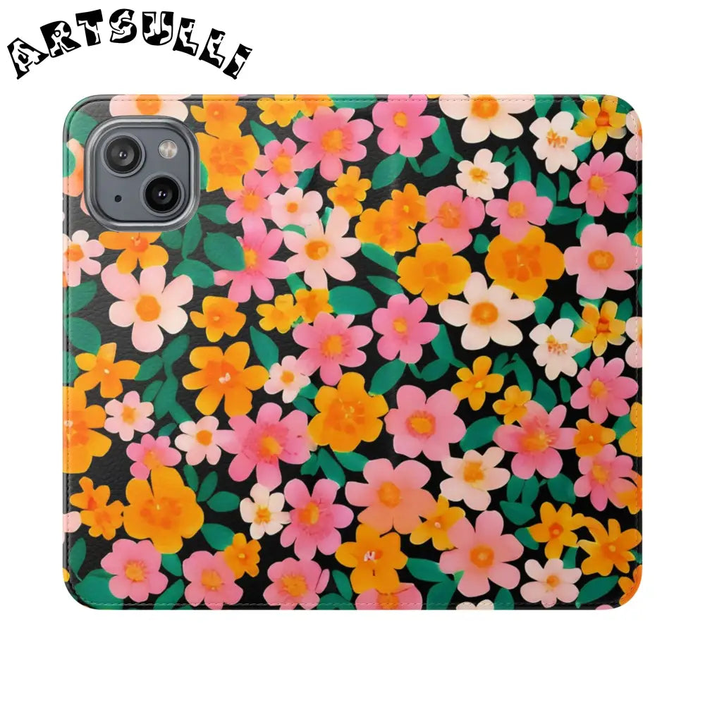 Vibrant Floral Pattern Black Flip Case, Artsulli - Art is Long, Life is Short, Phone Case, Size, iPhone 14, , , , , 61913951623804702573