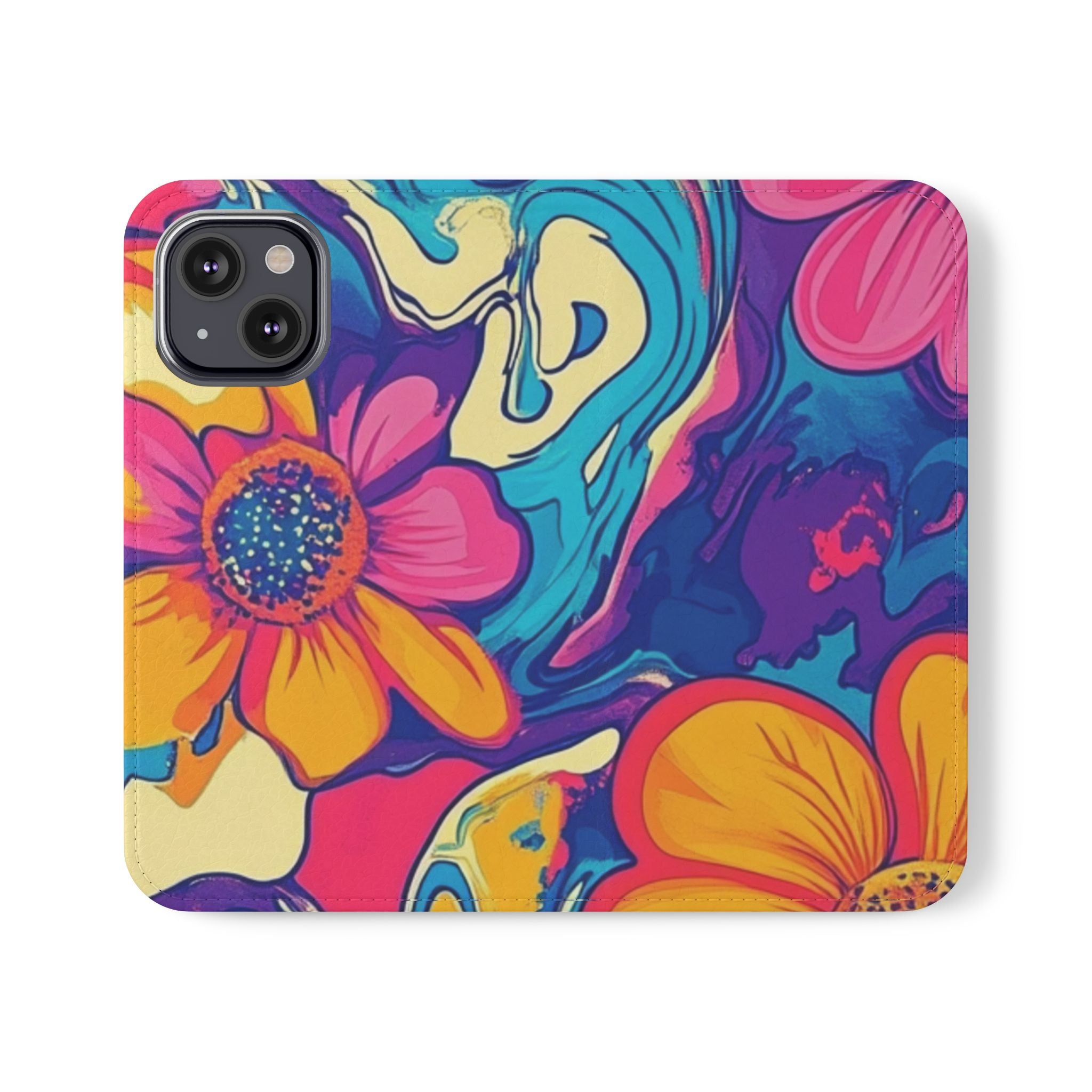 Vibrant Psychedelic Floral Flip Cases, Artsulli - Art is Long, Life is Short, Phone Case, Size, iPhone 13 Mini, , , , , 98153526088539019013