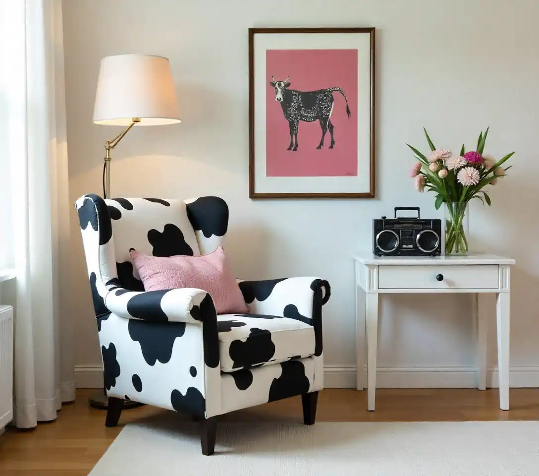 Wingback armchair with a black and white cowhide pattern and a pink throw pillow.