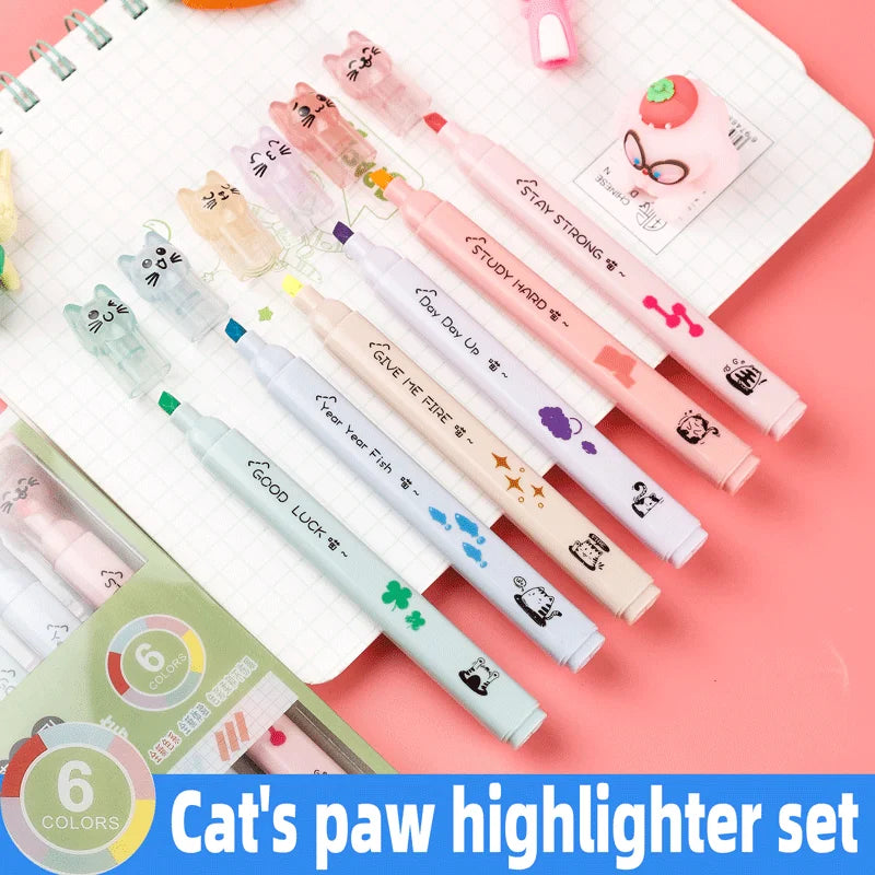 6 pcs/pack Kawaii Cat Claw Pastel Color Highlighters Drawing Art Markers Fluorescent Pen Gift Stationery Cute School Supplies
