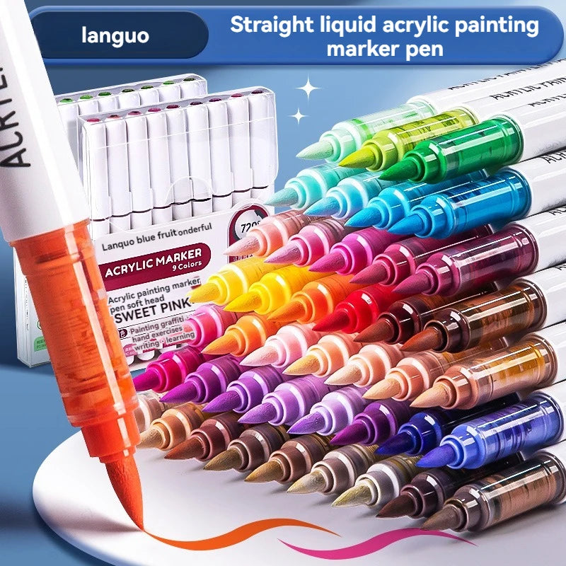 9Colors Straight Liquid Brush Acrylic Paint Pens Set Markers for Rock Painting Wood Canvas Stone DIY Crafts Making Art Supplies