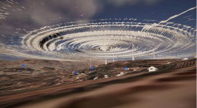 A virtual reality game showing the sonic blast of wind turbines. 