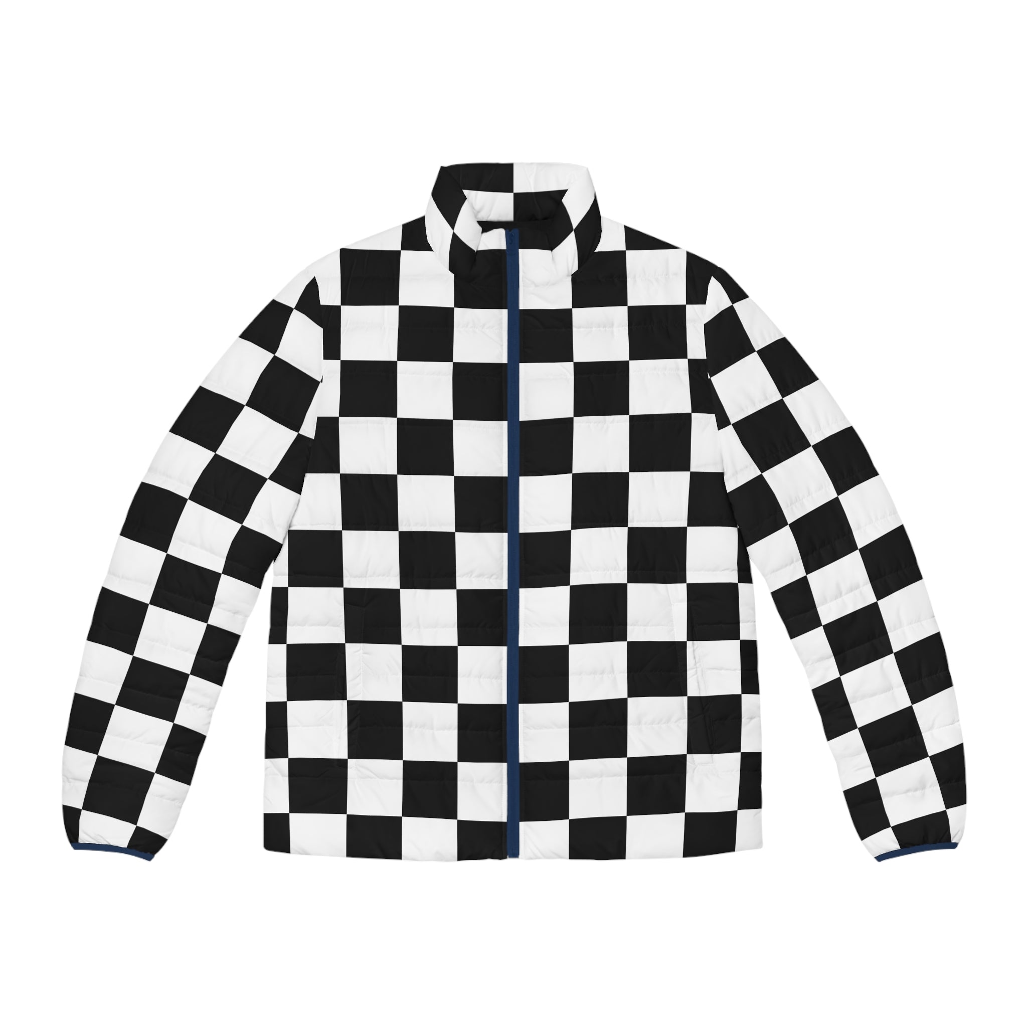 Checkerboard Black and White Men's Puffer Jacket (AOP), Artsulli - Art is Long, Life is Short, All Over Prints, Size, S, Color, Dark blue zipper, , , 24280023369373