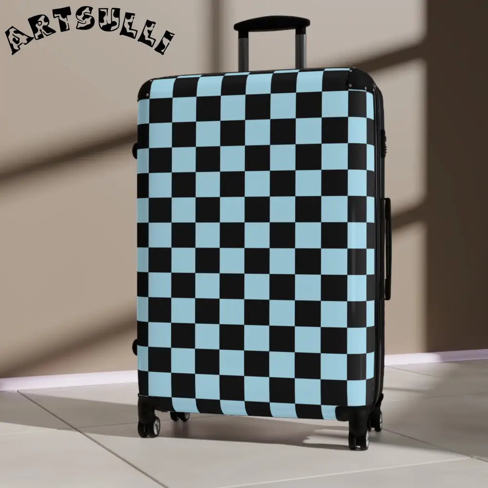 JAKKOUTTHEBXX Checkerboard Black and Blue Suitcase JAKKOUTTHEBXX