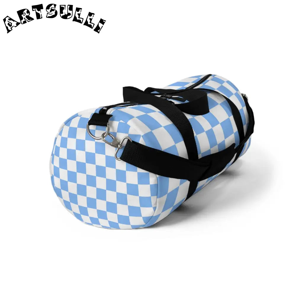 JAKKOUTTHEBXX Checkerboard White and Light Blue Duffel Bag