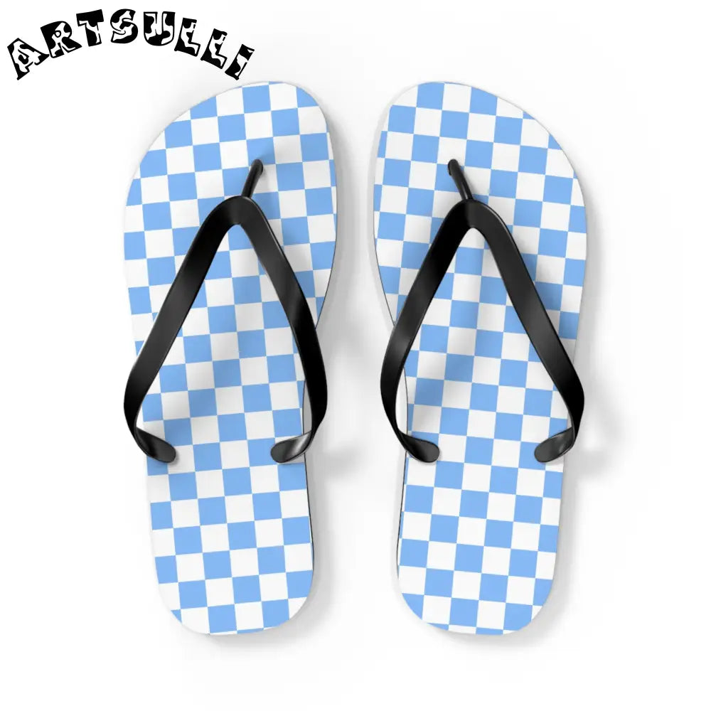 JAKKOUTTHEBXX Checkerboard White and Light Blue Flip Flops