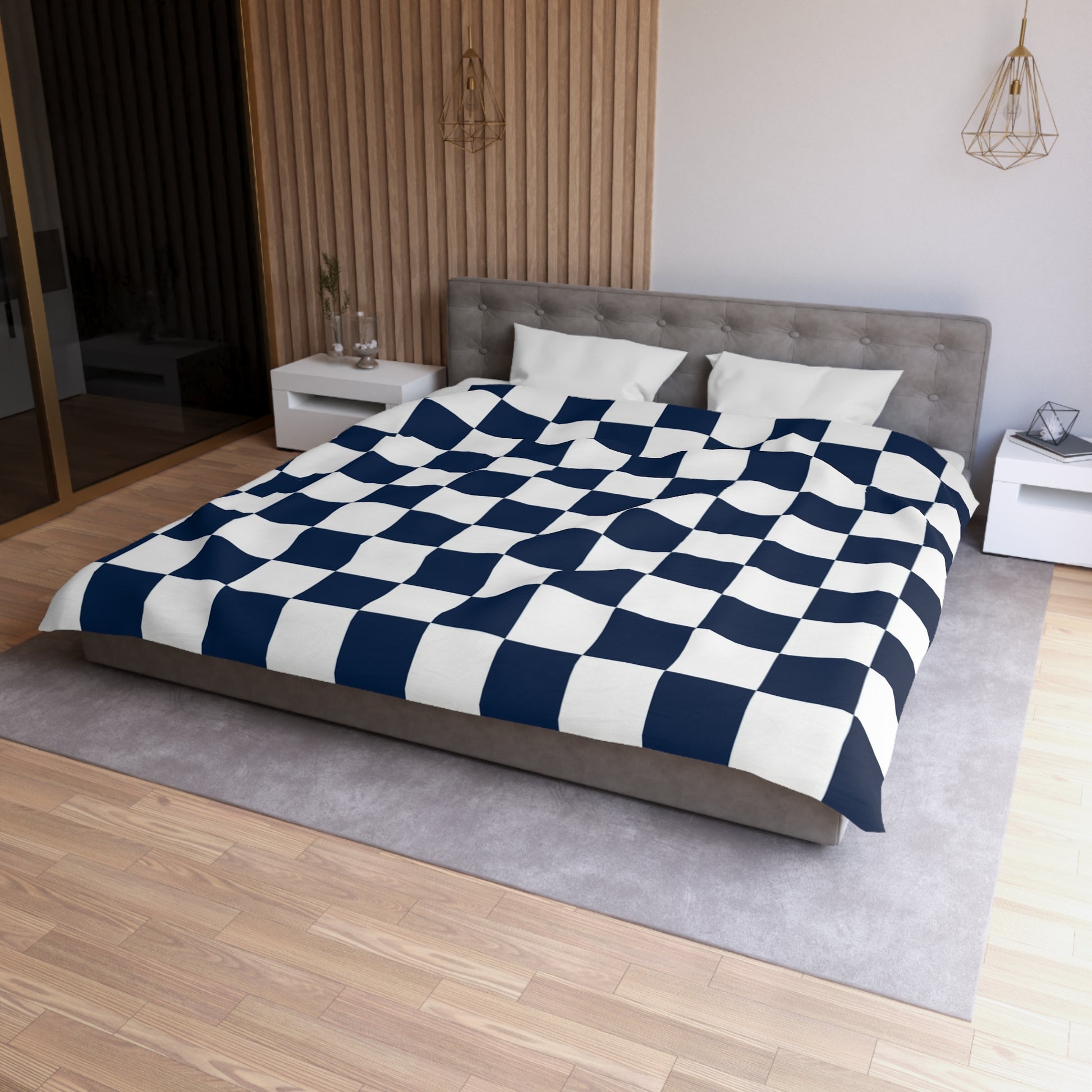 Checkerboard White and Navy Blue Microfiber Duvet Cover, Artsulli - Art is Long, Life is Short, Home Decor, , , , , , , 
