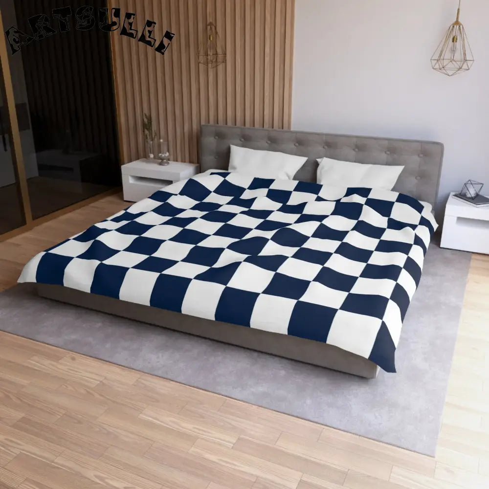 JAKKOUTTHEBXX Checkerboard White and Navy Blue Microfiber Duvet