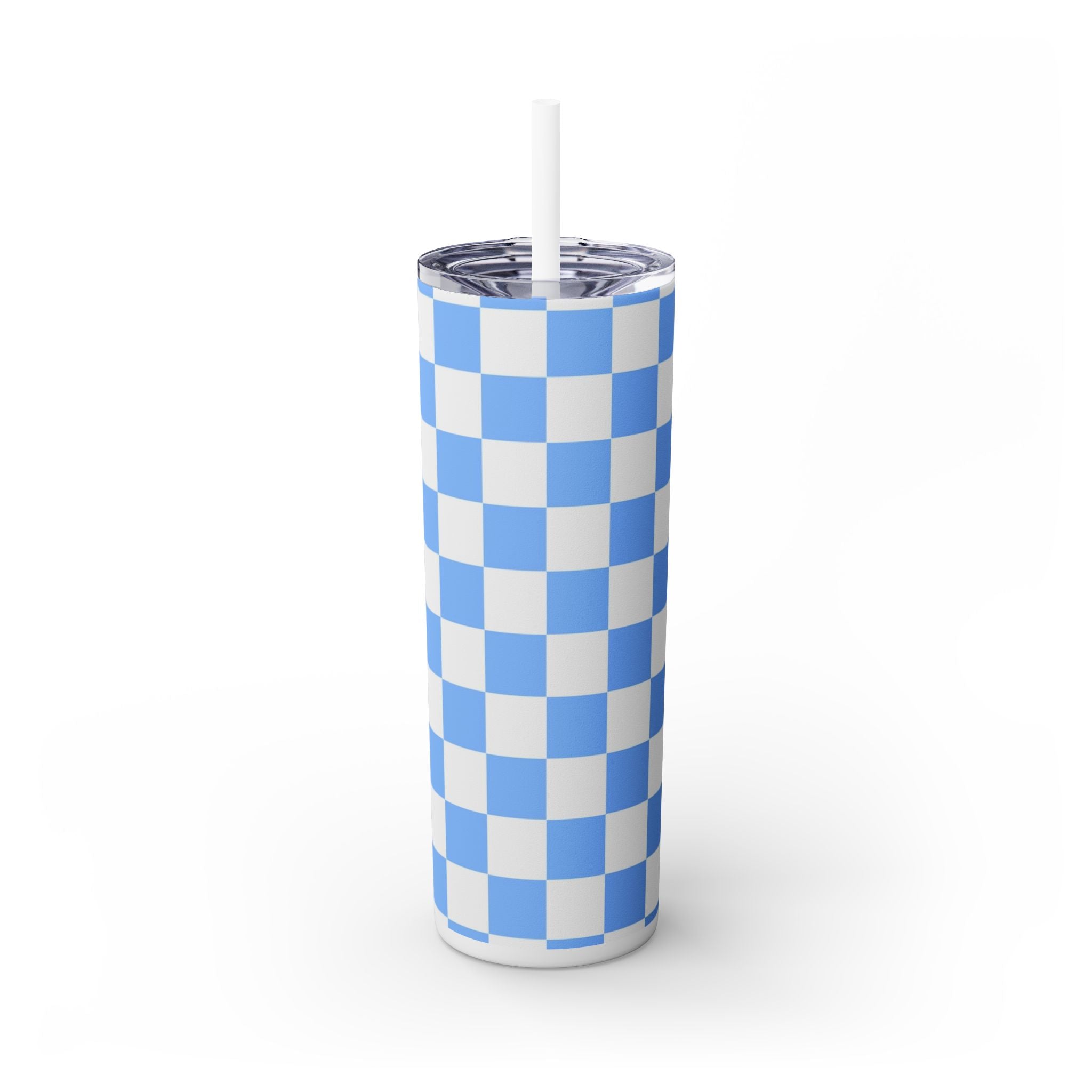 Checkerboard White and Light Blue Skinny Tumbler with Straw, 20oz, Artsulli - Art is Long, Life is Short, Mug, , , , , , , 