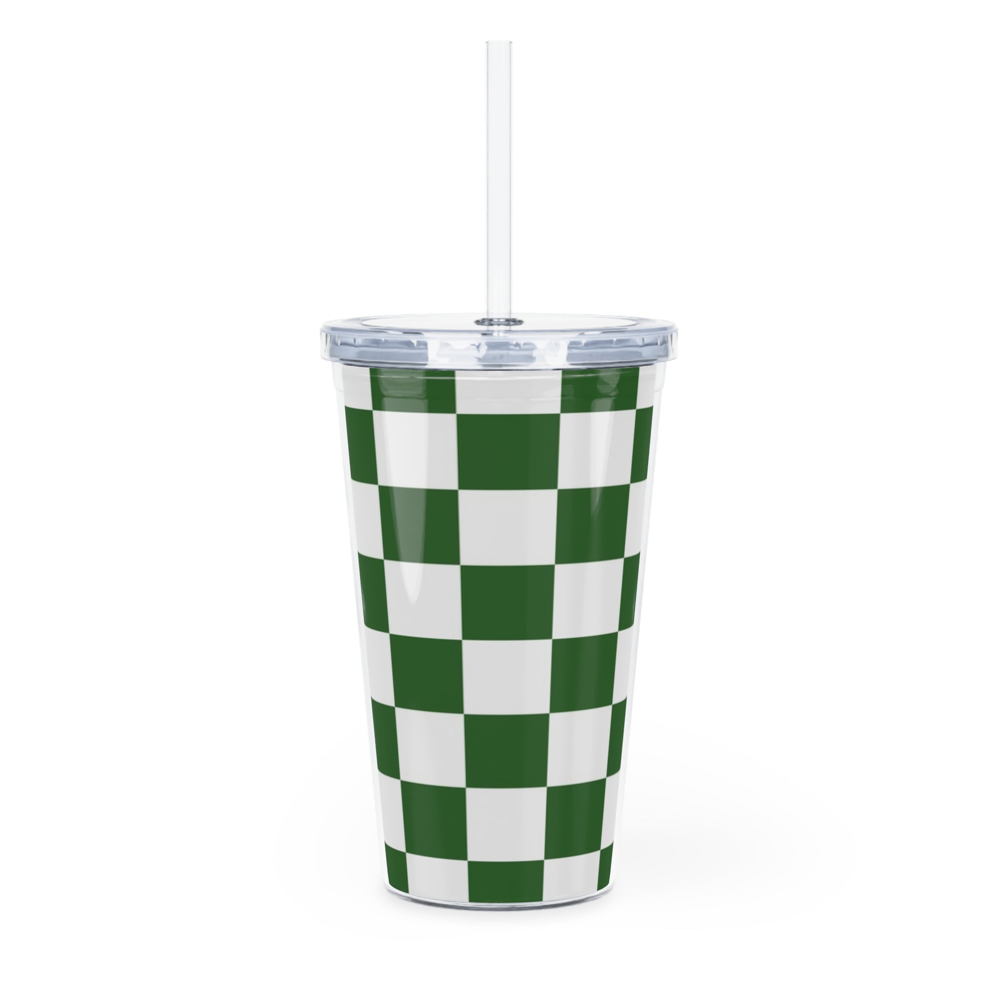 Checkerboard White and Dark Green Plastic Tumbler with Straw, Artsulli - Art is Long, Life is Short, Mug, , , , , , , 