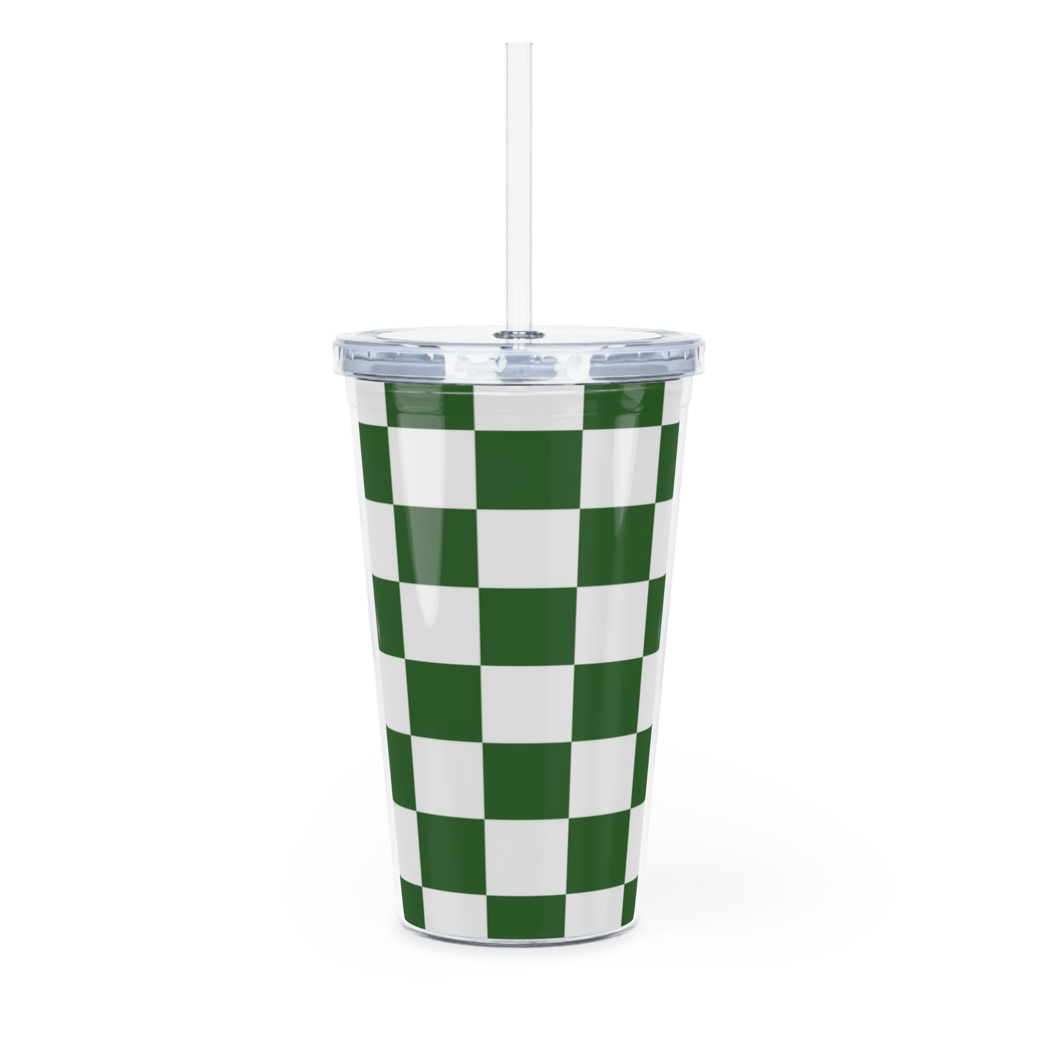 Checkerboard White and Dark Green Plastic Tumbler with Straw, Artsulli - Art is Long, Life is Short, Mug, , , , , , , 
