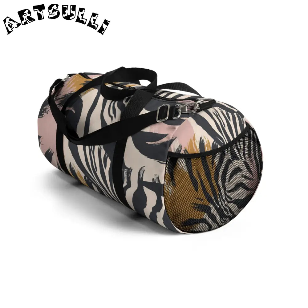 JAKKOUTTHEBXX Beige and Pink Abstract Zebra Print Duffel Bag