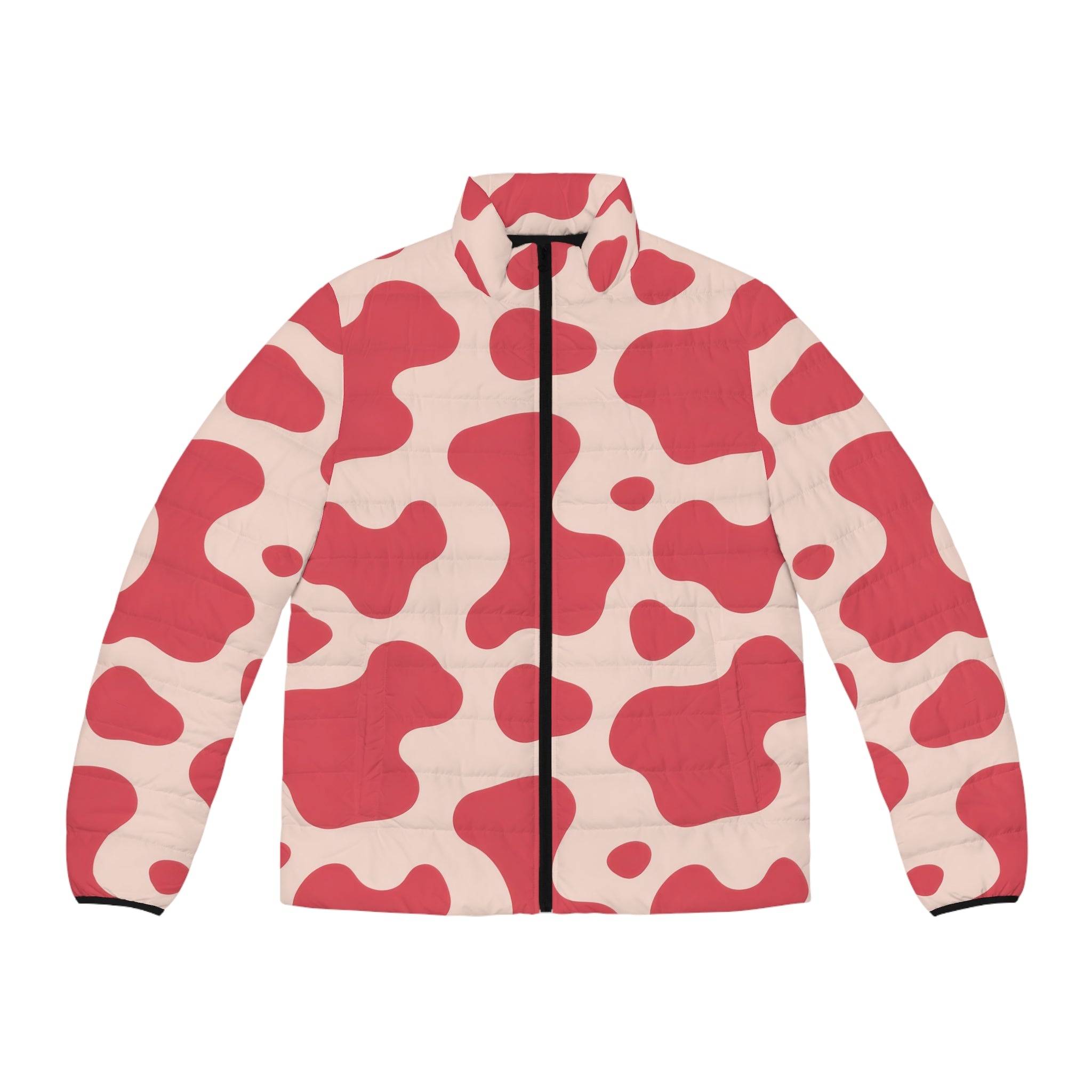 Red Jungle Cow Men's Puffer Jacket (AOP), Artsulli - Art is Long, Life is Short, All Over Prints, Size, S, Color, Black zipper, , , 24229197858814448601