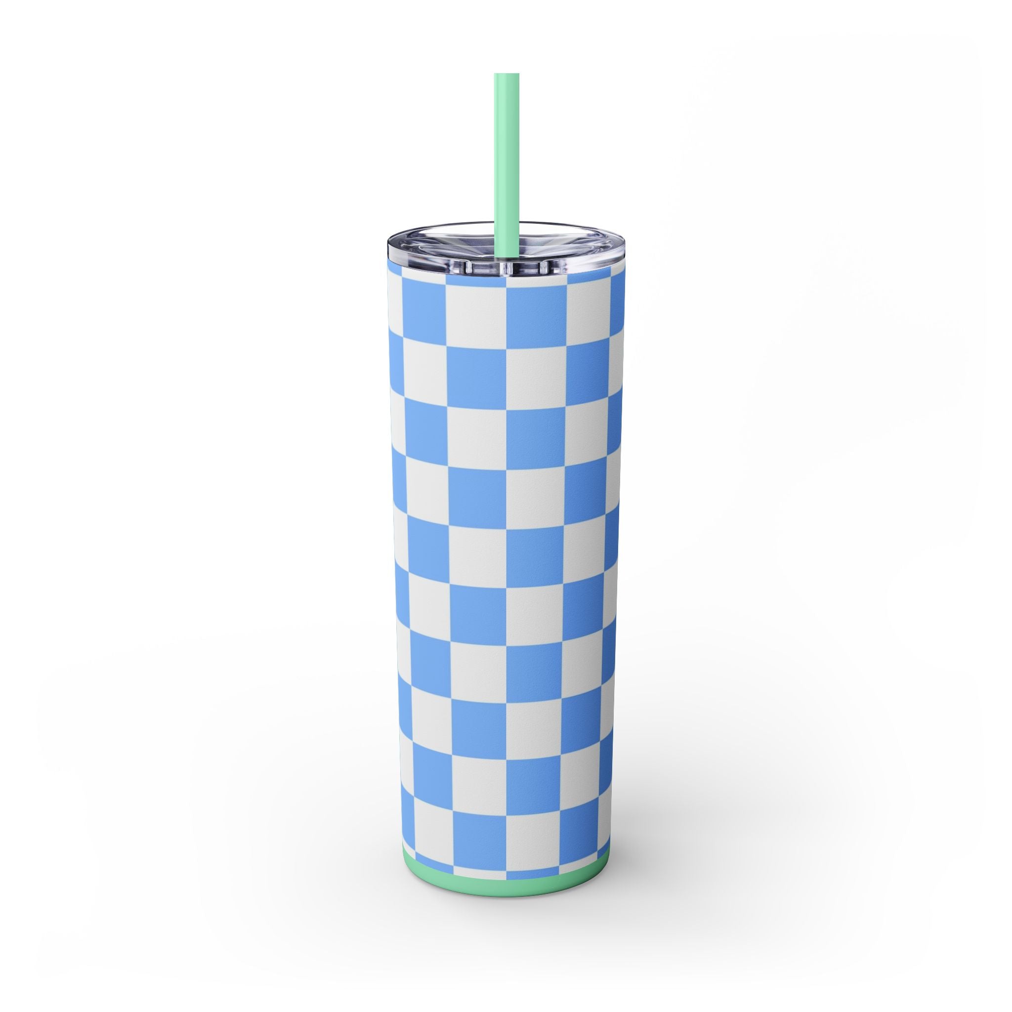 Checkerboard White and Light Blue Skinny Tumbler with Straw, 20oz, Artsulli - Art is Long, Life is Short, Mug, , , , , , , 