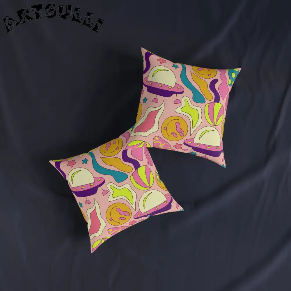 JAKKOUTTHEBXX Trippy Spaceships Pink Square Pillow JAKKOUTTHEBXX