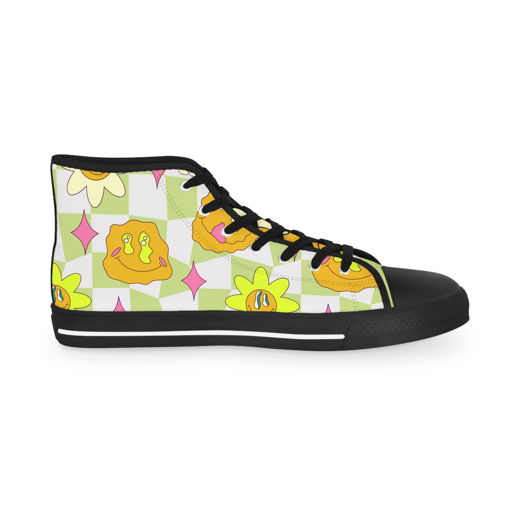 Sunflower x Checkerboard Trippy Men's High Top Sneakers, Artsulli - Art is Long, Life is Short, Shoes, , , , , , , 