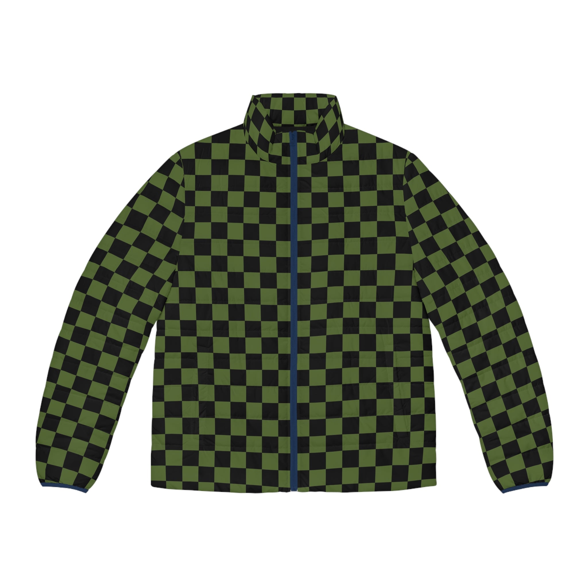 Checkerboard Olive Green and Black Men's Puffer Jacket (AOP), Artsulli - Art is Long, Life is Short, All Over Prints, Size, S, Color, Dark blue zipper, , , 27012693716347599061