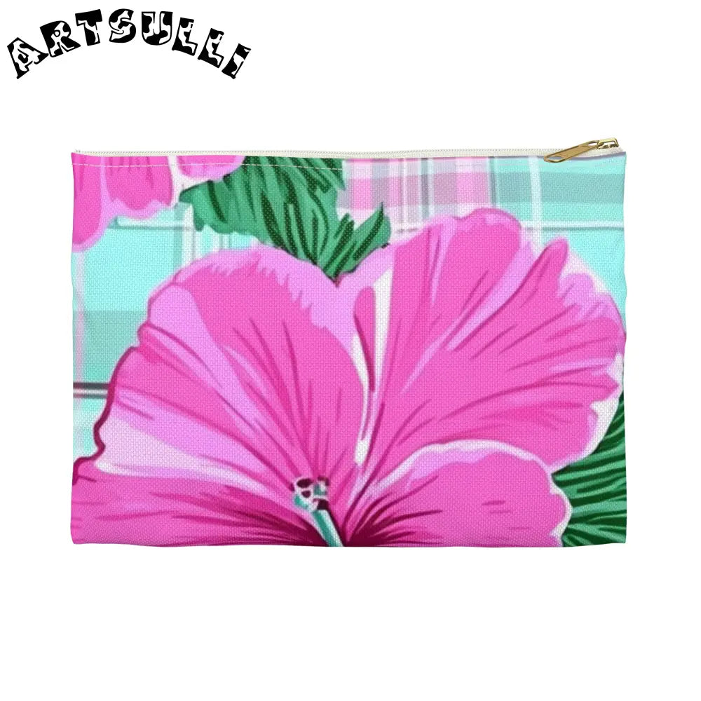 JAKKOUTTHEBXX Pink Hibiscus Plaid Flat Pouch JAKKOUTTHEBXX Artsulli