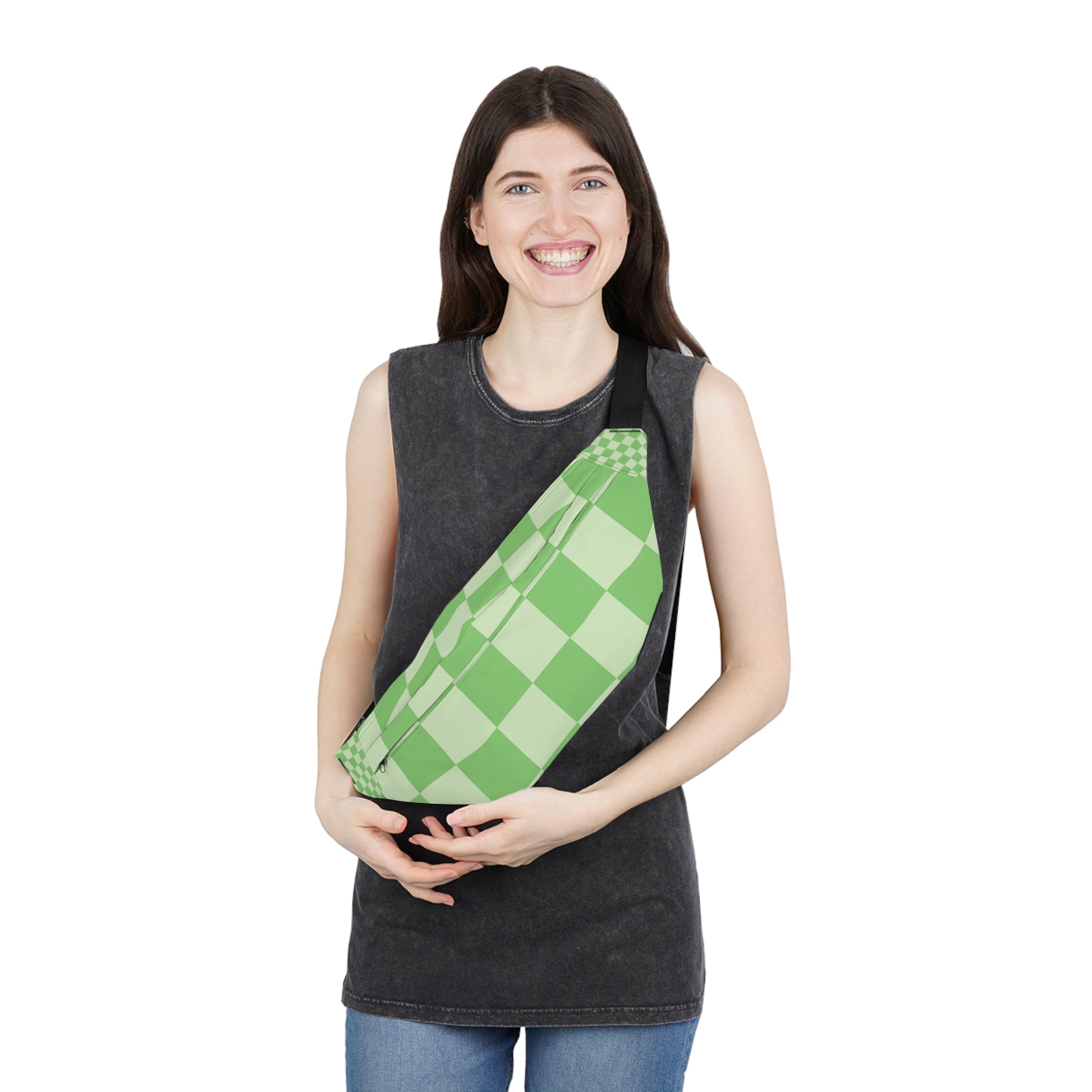 Checkerboard Green Large Fanny Pack, Artsulli - Art is Long, Life is Short, Bags, , , , , , , 