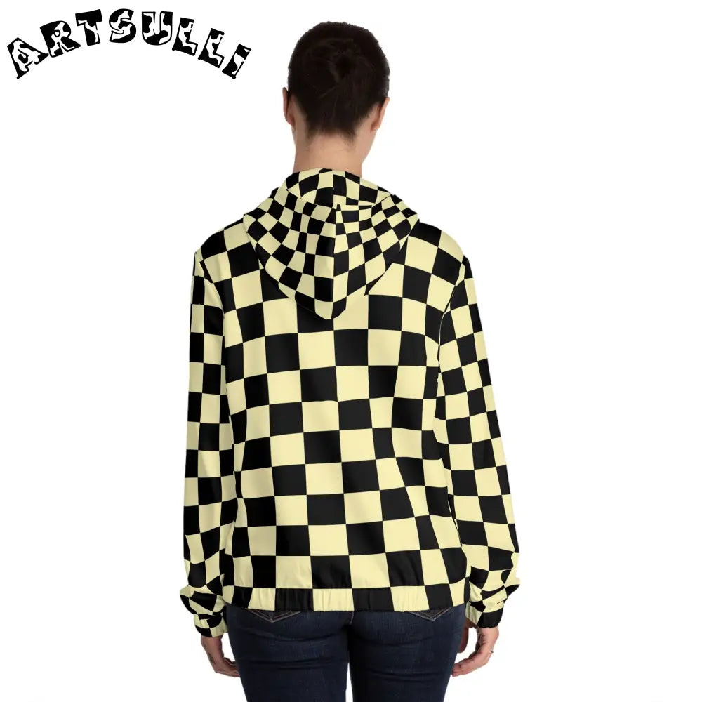 JAKKOUTTHEBXX Checkerboard Black and Yellow Women’s Full-Zip Hoodie