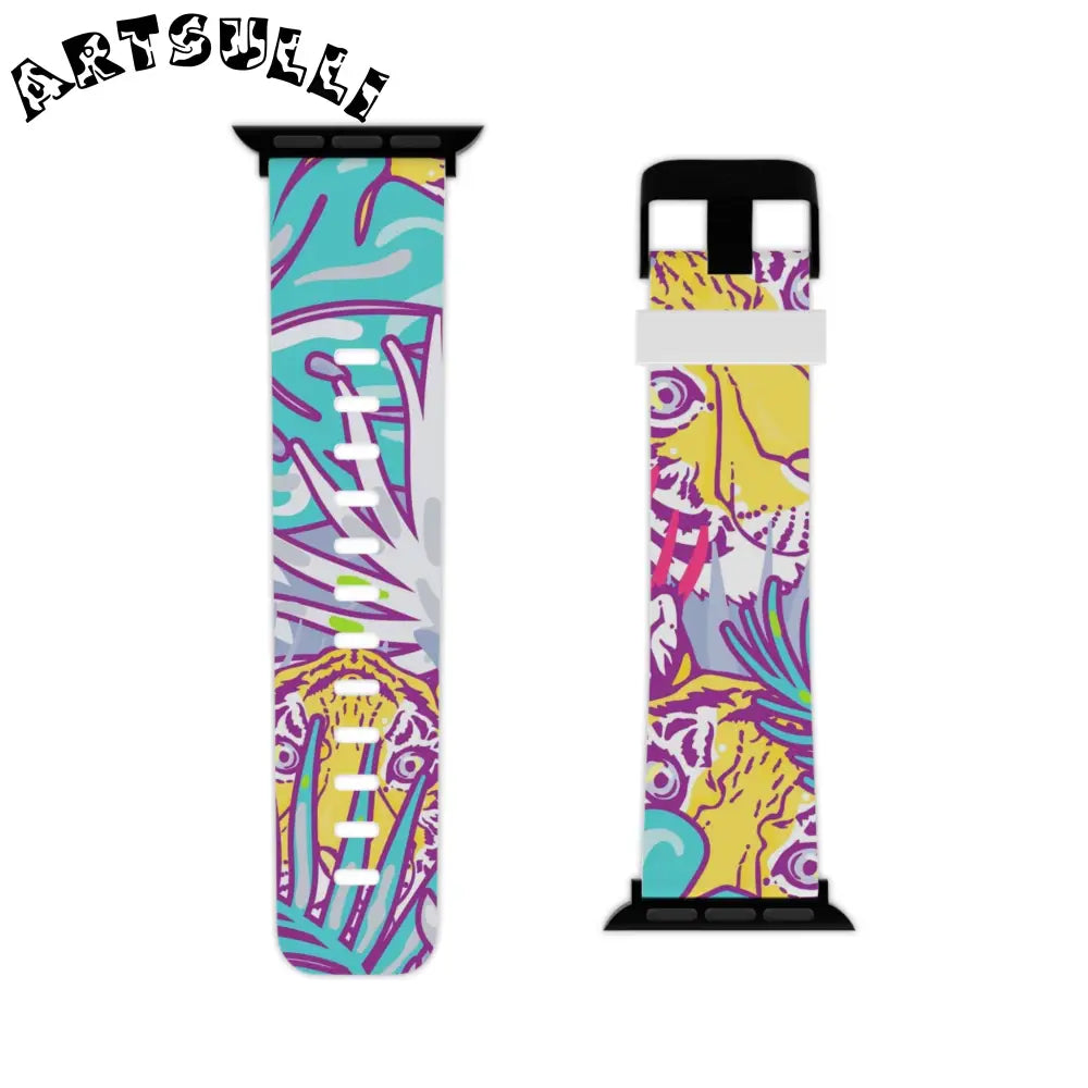 JAKKOUTTHEBXX Tropical Floral Tigers Torquise and Purple Watch Band