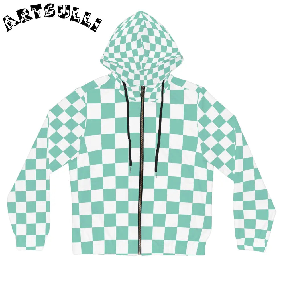 JAKKOUTTHEBXX Checkerboard Light Green Women’s Full-Zip Hoodie (AOP)