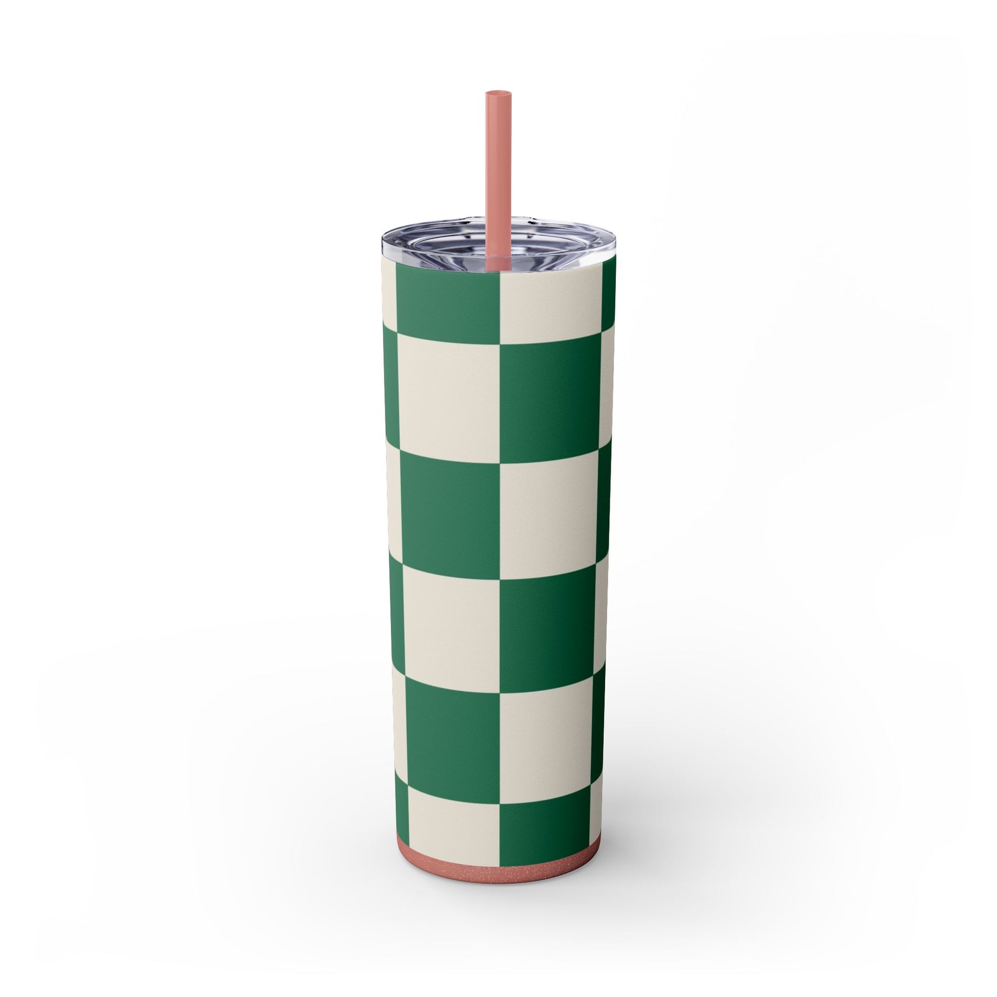 Checkerboard Dark Green Skinny Tumbler with Straw, 20oz, Artsulli - Art is Long, Life is Short, Mug, Finish, Glossy, Color, Glitter Dusty Rose, Size, 20oz, 26487224054648336151