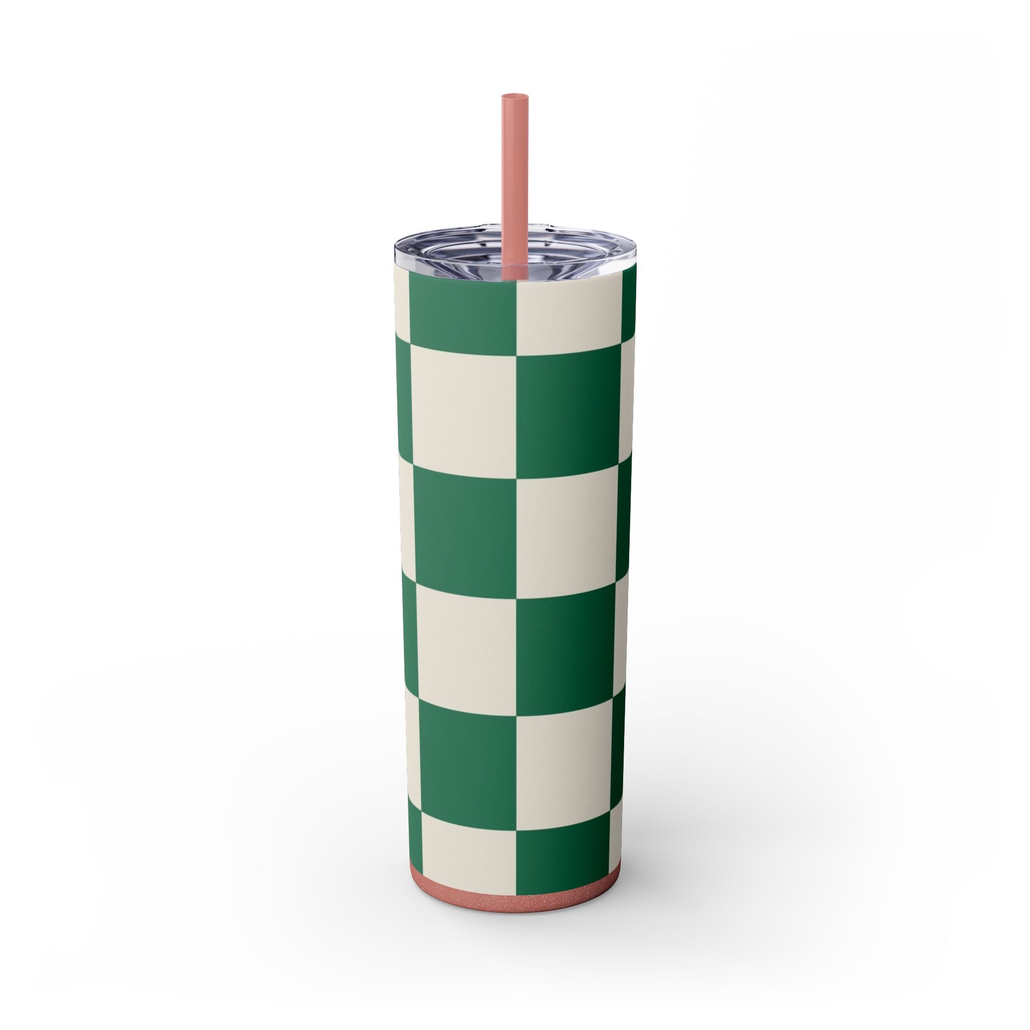 Checkerboard Dark Green Skinny Tumbler with Straw, 20oz, Artsulli - Art is Long, Life is Short, Mug, Finish, Glossy, Color, Glitter Dusty Rose, Size, 20oz, 26487224054648336151