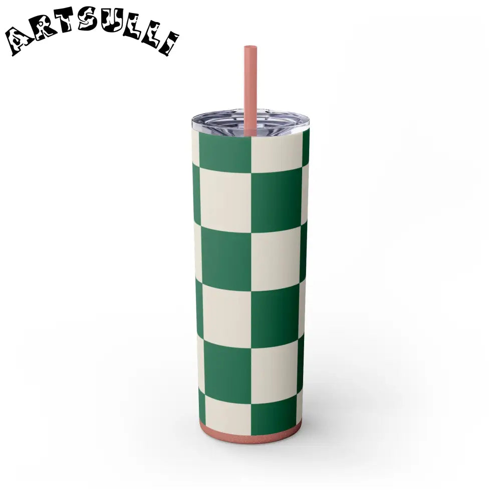 JAKKOUTTHEBXX Checkerboard Dark Green Skinny Tumbler with Straw 20oz