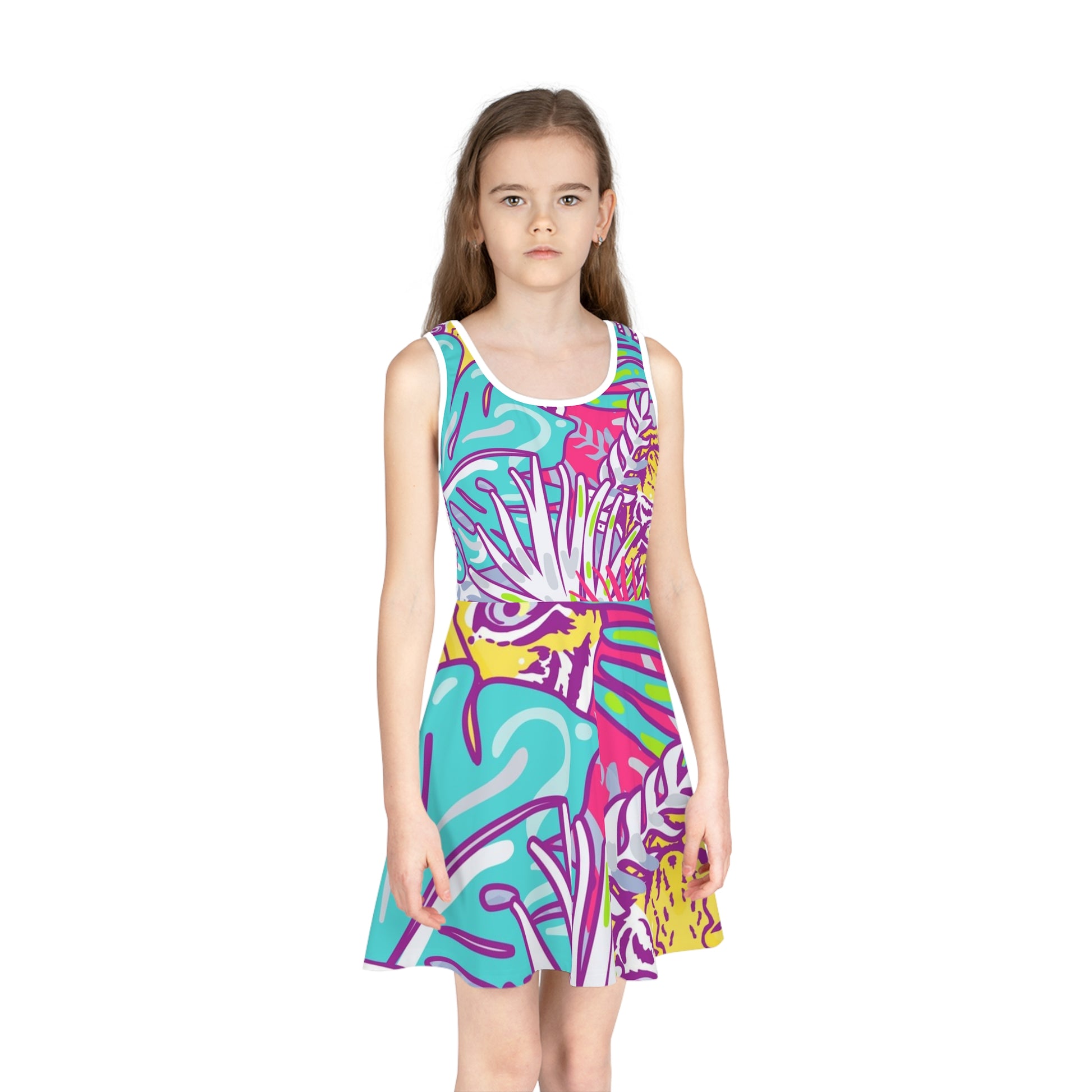 Tropical Floral Tigers Torquise and Purple Girls' Sleeveless Sundress (AOP), Artsulli - Art is Long, Life is Short, All Over Prints, , , , , , , 