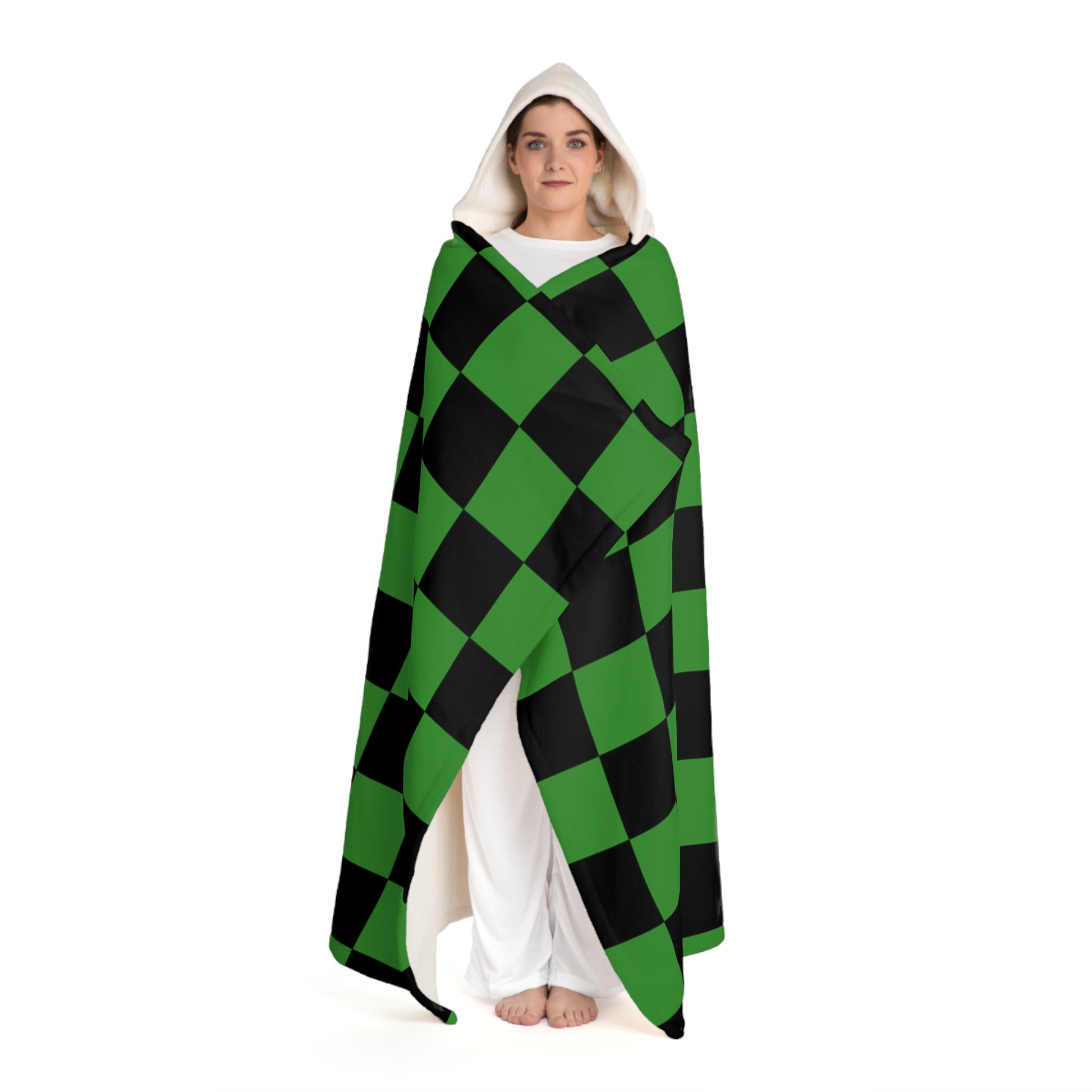 Checkerboard Green and Black Hooded Sherpa Fleece Blanket, Artsulli - Art is Long, Life is Short, All Over Prints, , , , , , , 