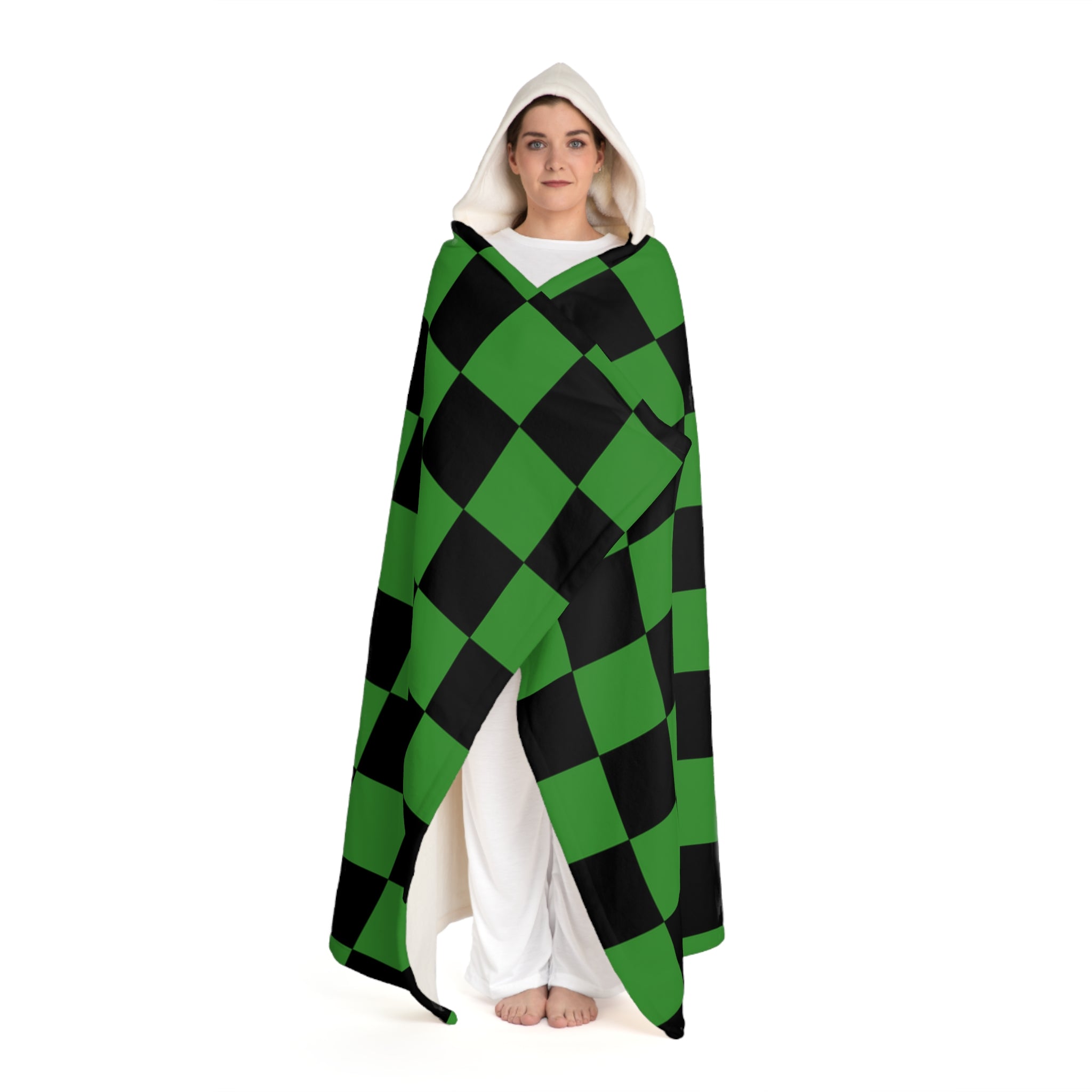 Checkerboard Green and Black Hooded Sherpa Fleece Blanket, Artsulli - Art is Long, Life is Short, All Over Prints, , , , , , , 