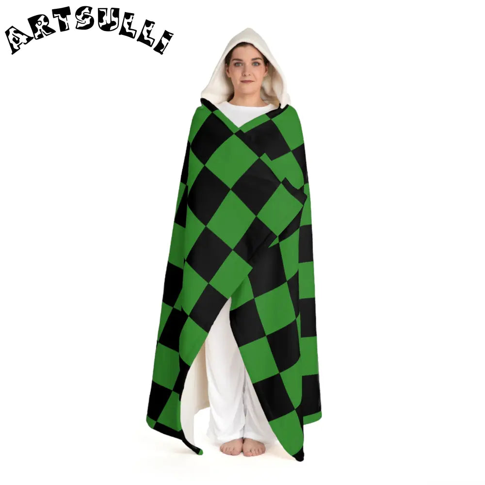 JAKKOUTTHEBXX Checkerboard Green and Black Hooded Sherpa Fleece