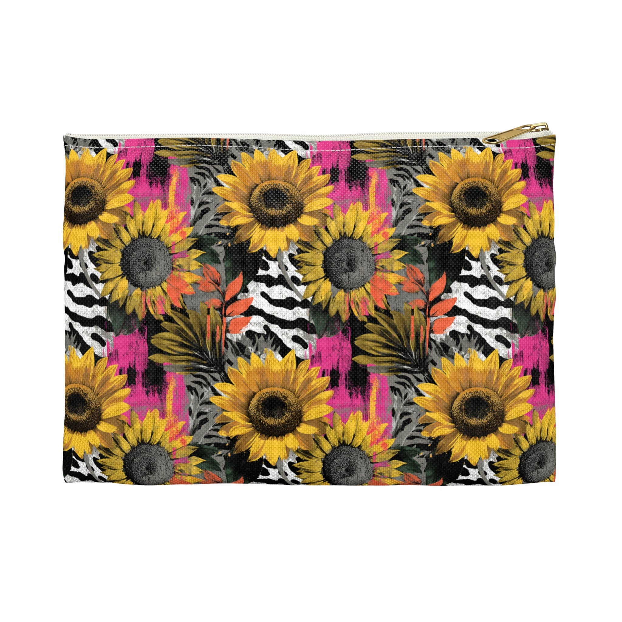 Zebra Stripes x Sunflowers II  Multi-Color Accessory Pouch, Artsulli - Art is Long, Life is Short, Bags, Size, Small, Color, White zipper, , , 28920911603834303351