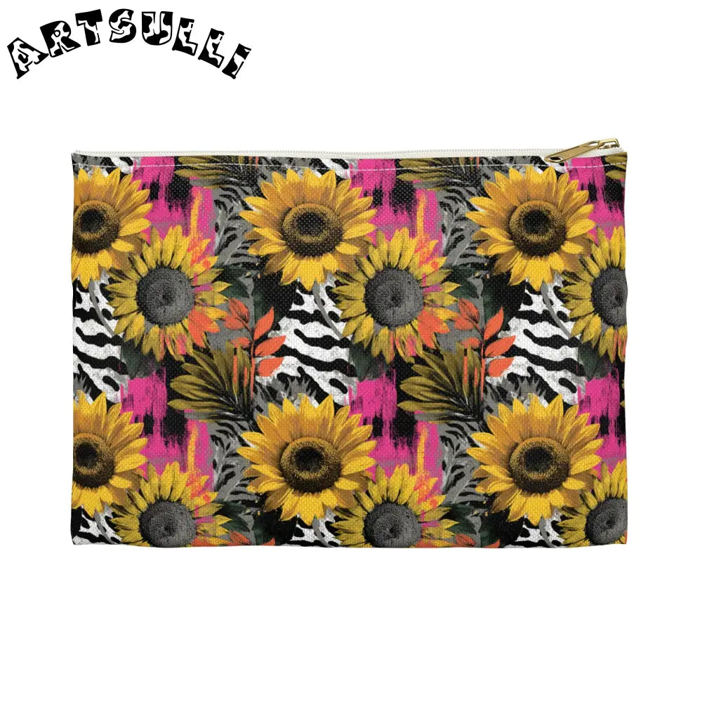 Zebra Stripes x Sunflowers II  Multi-Color Accessory Pouch, Artsulli - Art is Long, Life is Short, Bags, Size, Small, Color, White zipper, , , 28920911603834303351