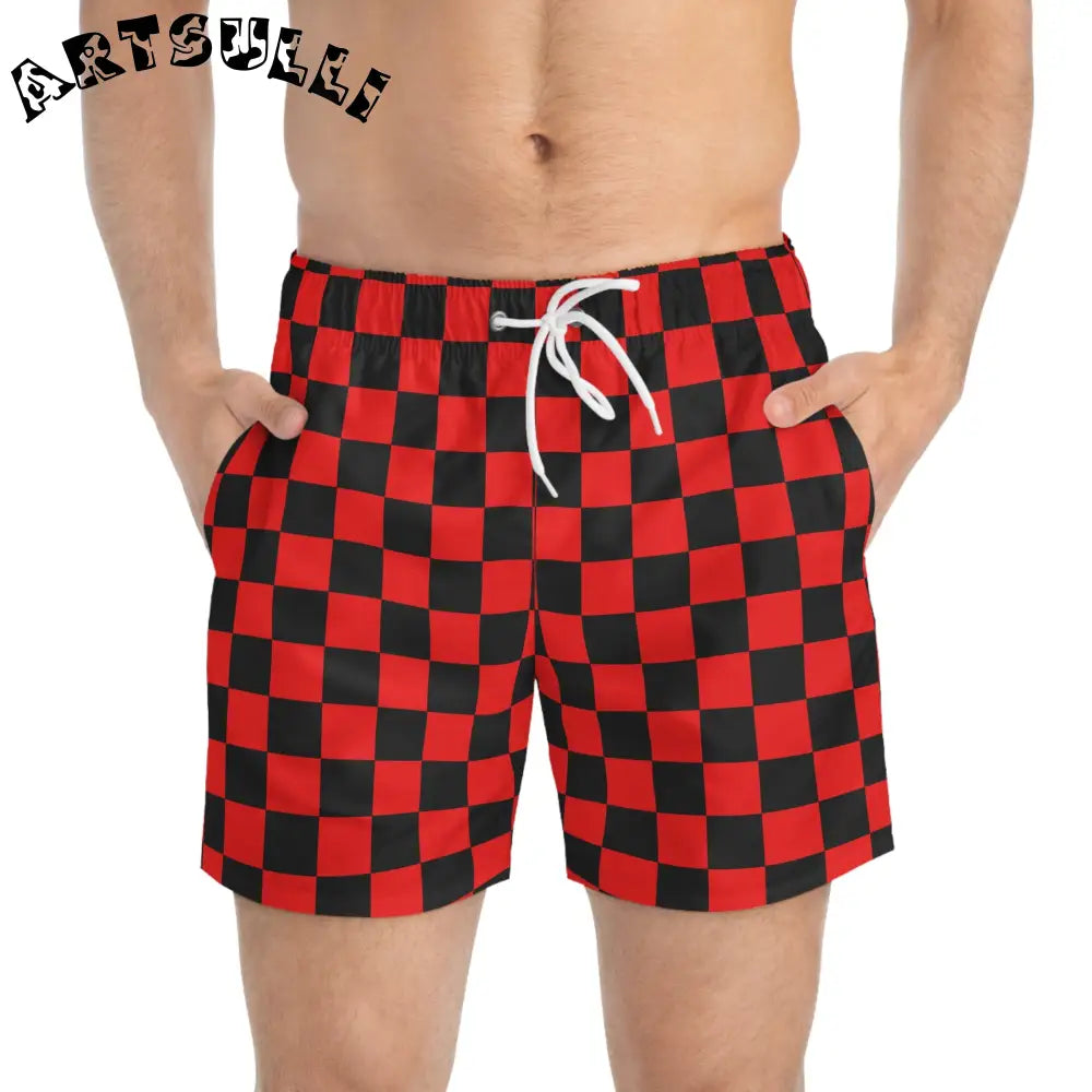 JAKKOUTTHEBXX Checkerboard II Red and Black Swim Trunks (AOP)