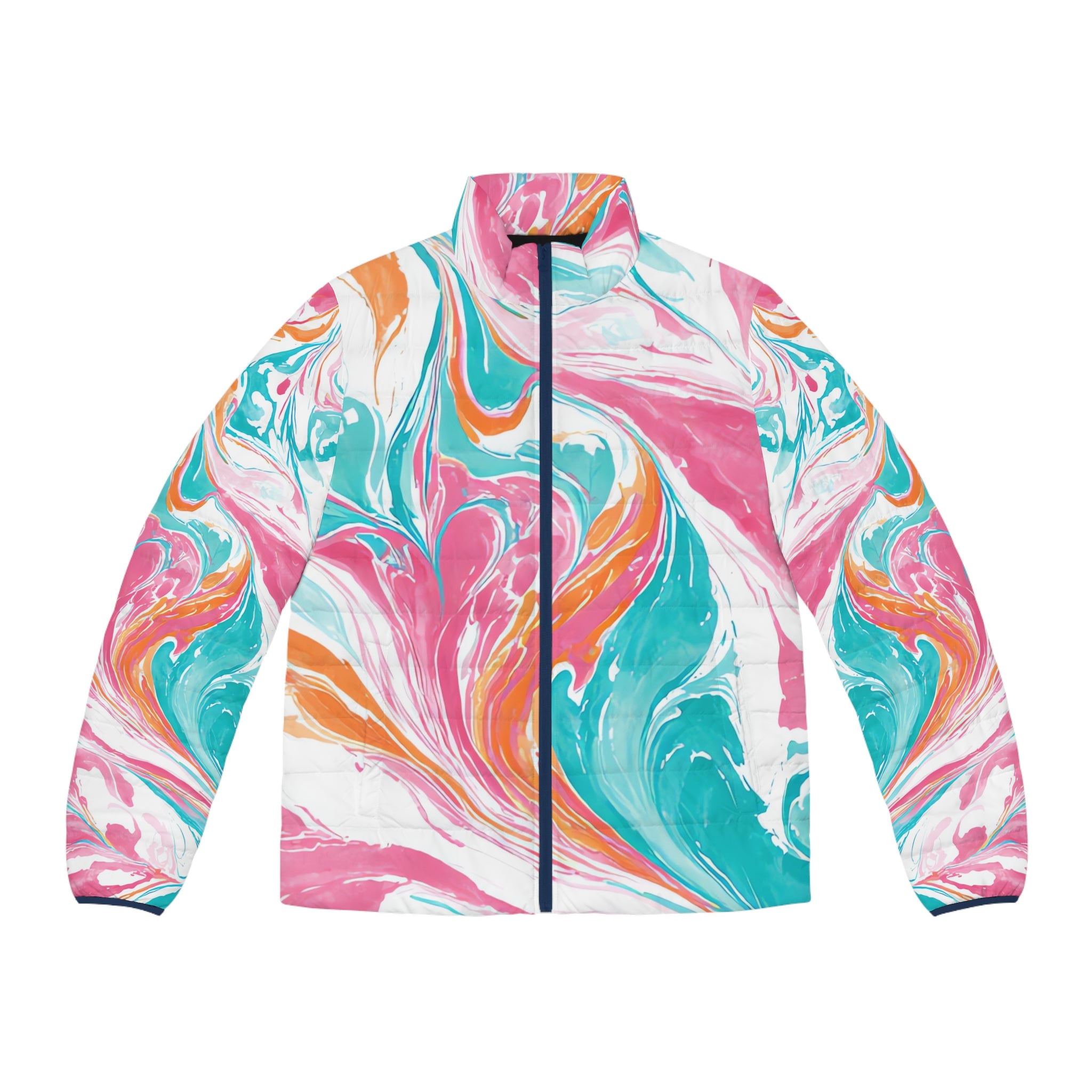 Liquid Pastel Spill Multi-Color  Men's Puffer Jacket (AOP), Artsulli - Art is Long, Life is Short, All Over Prints, Size, S, Color, Dark blue zipper, , , 11532882108609337827