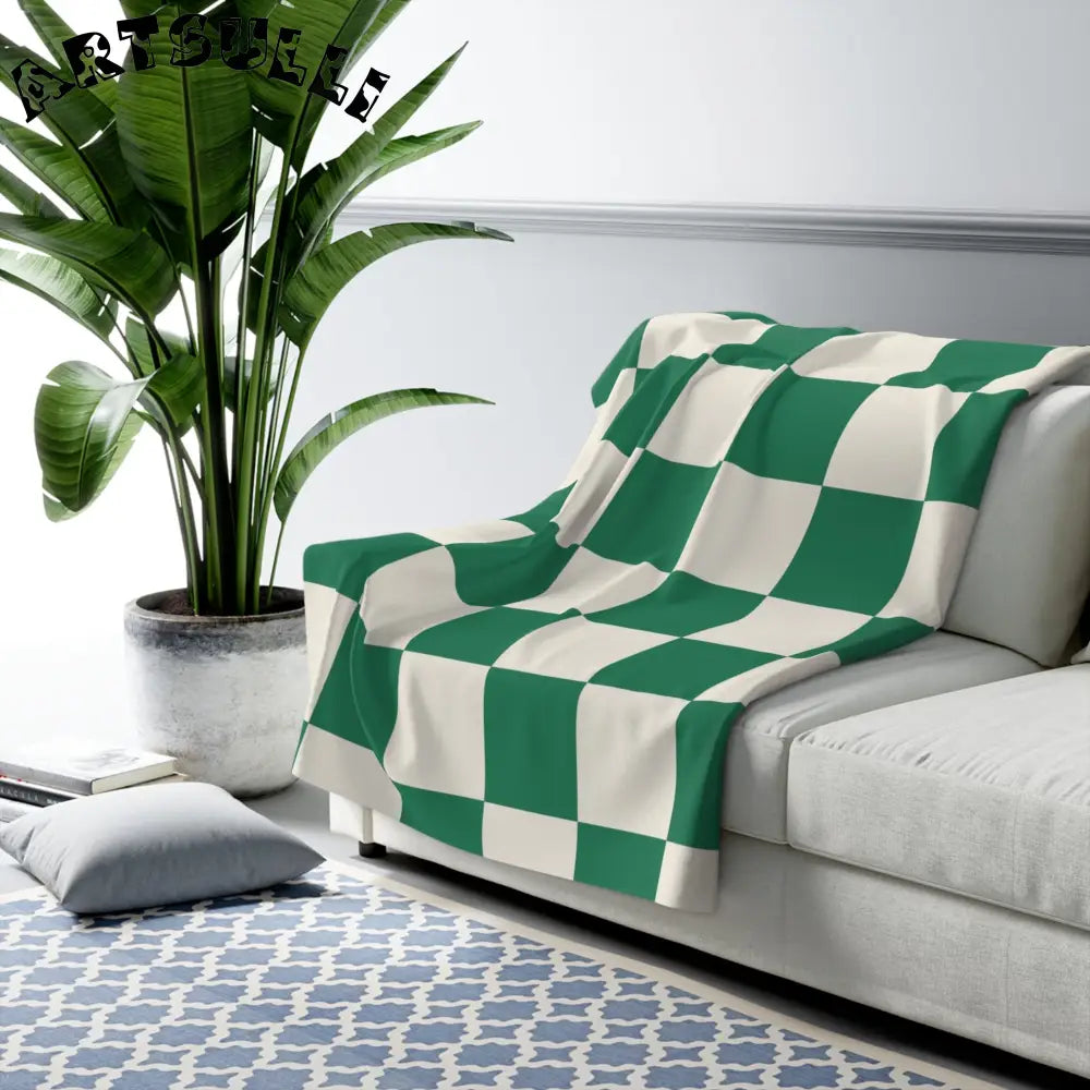 JAKKOUTTHEBXX Checkerboard Dark Green Sherpa Fleece Blanket