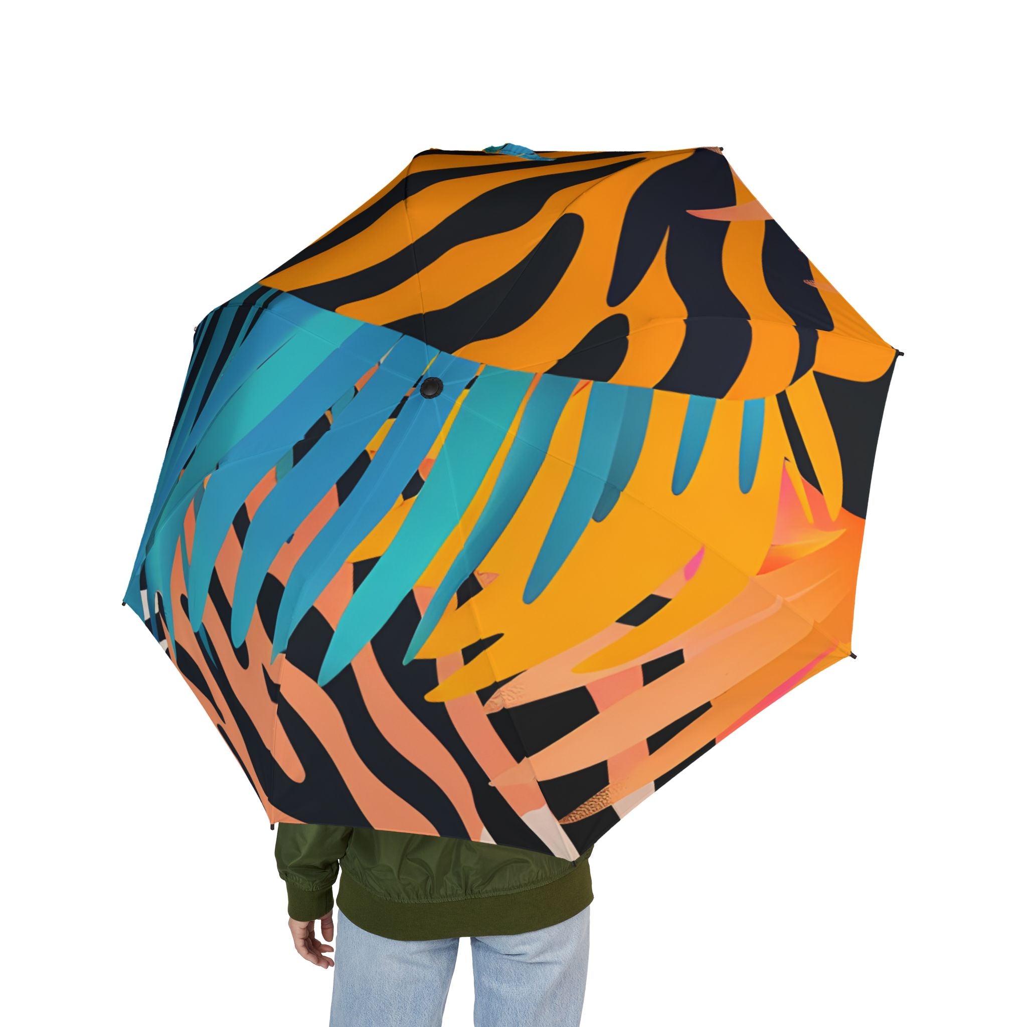 Palm Leaves x Zebra Stripes x Tiger Stripes Orange and Blue Multi-Color Semi-Automatic Foldable Umbrella, Artsulli - Art is Long, Life is Short, Accessories, , , , , , , 