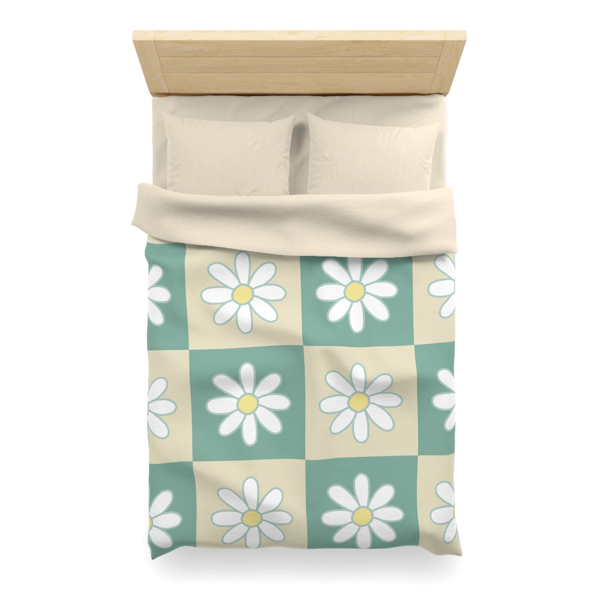 Retro Daisy Checkerboard Green and Tan Microfiber Duvet Cover, Artsulli - Art is Long, Life is Short, Home Decor, , , , , , , 