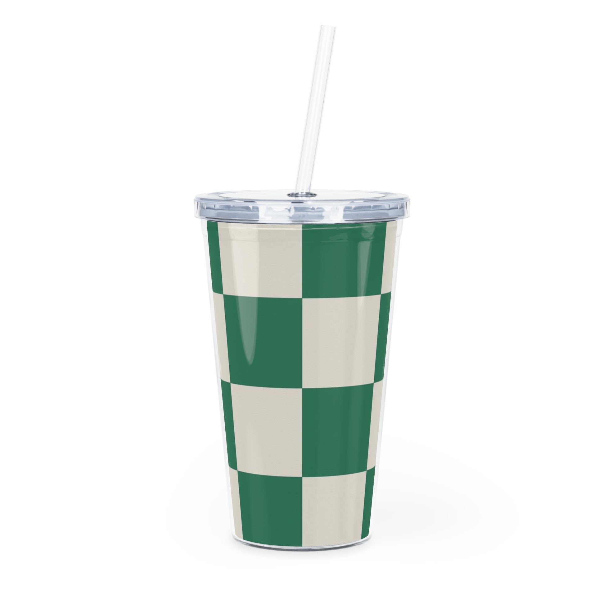 Checkerboard Dark Green Plastic Tumbler with Straw, Artsulli - Art is Long, Life is Short, Mug, Size, 20oz, Color, Transparent, , , 29059975722792762846