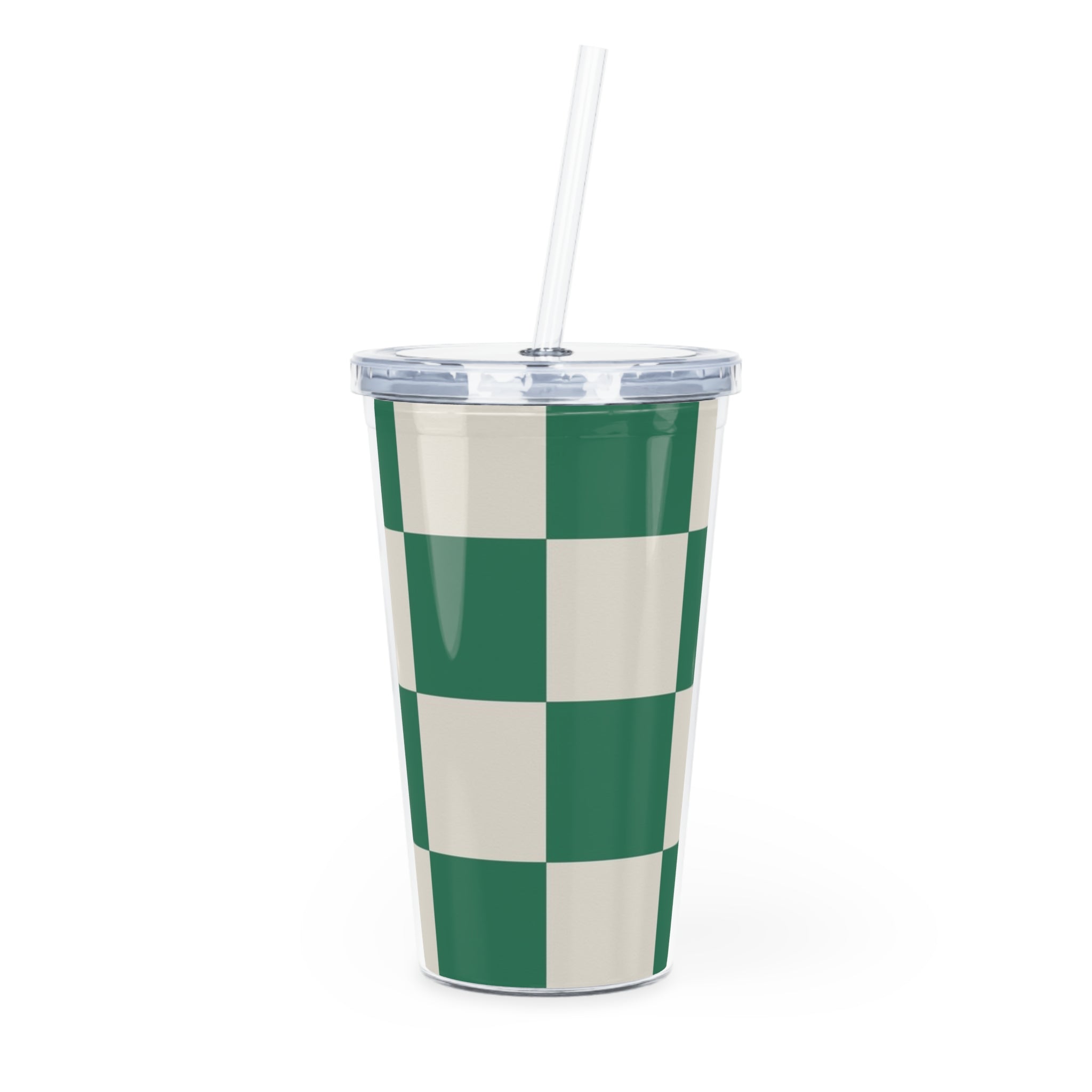 Checkerboard Dark Green Plastic Tumbler with Straw, Artsulli - Art is Long, Life is Short, Mug, Size, 20oz, Color, Transparent, , , 29059975722792762846