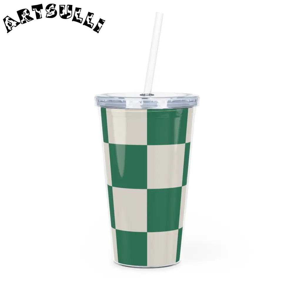 JAKKOUTTHEBXX Checkerboard Dark Green Plastic Tumbler with Straw