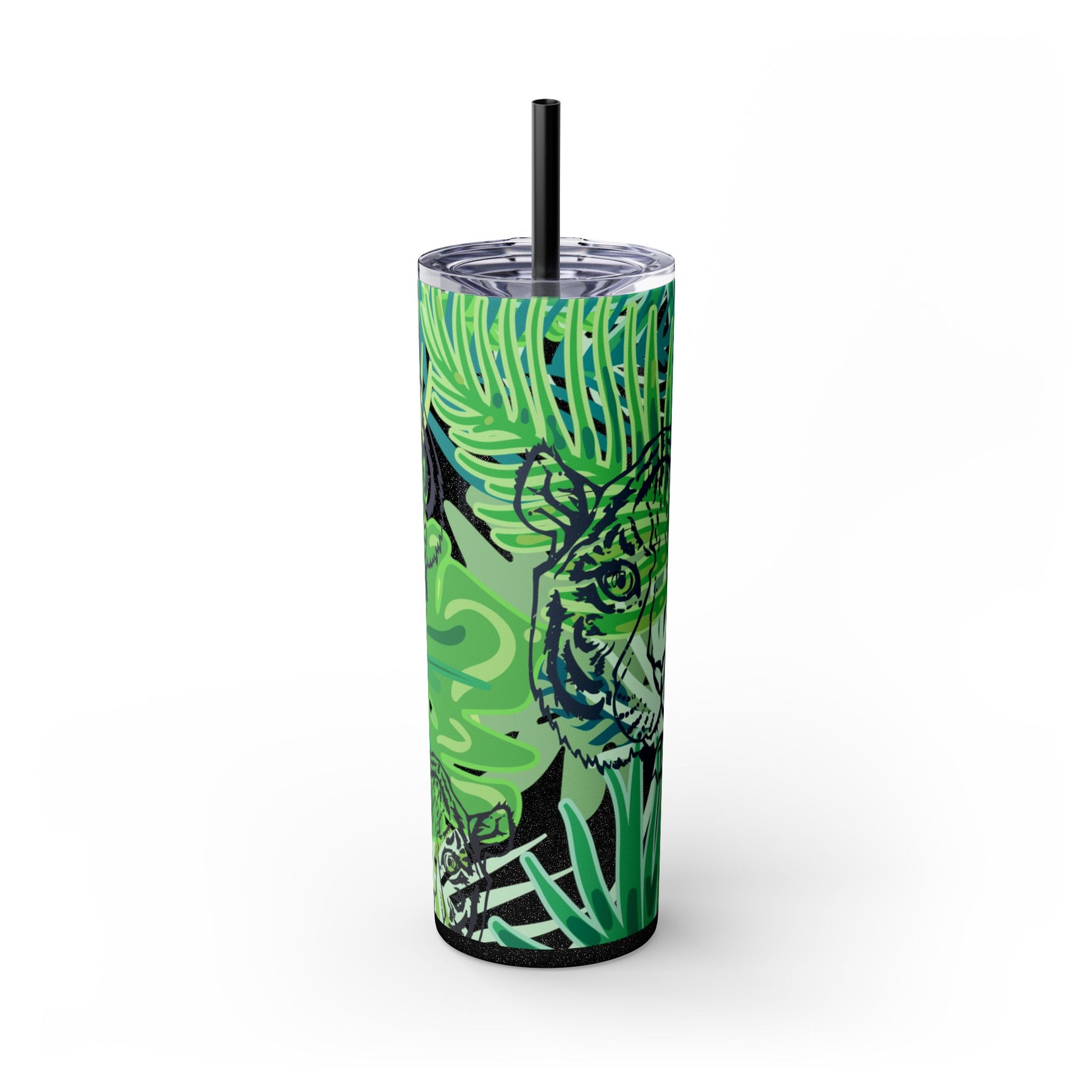 Tropical Jungle Tigers Green Skinny Tumbler with Straw, 20oz, Artsulli - Art is Long, Life is Short, Mug, Finish, Glossy, Color, Glitter Black, Size, 20oz, 14855268547629