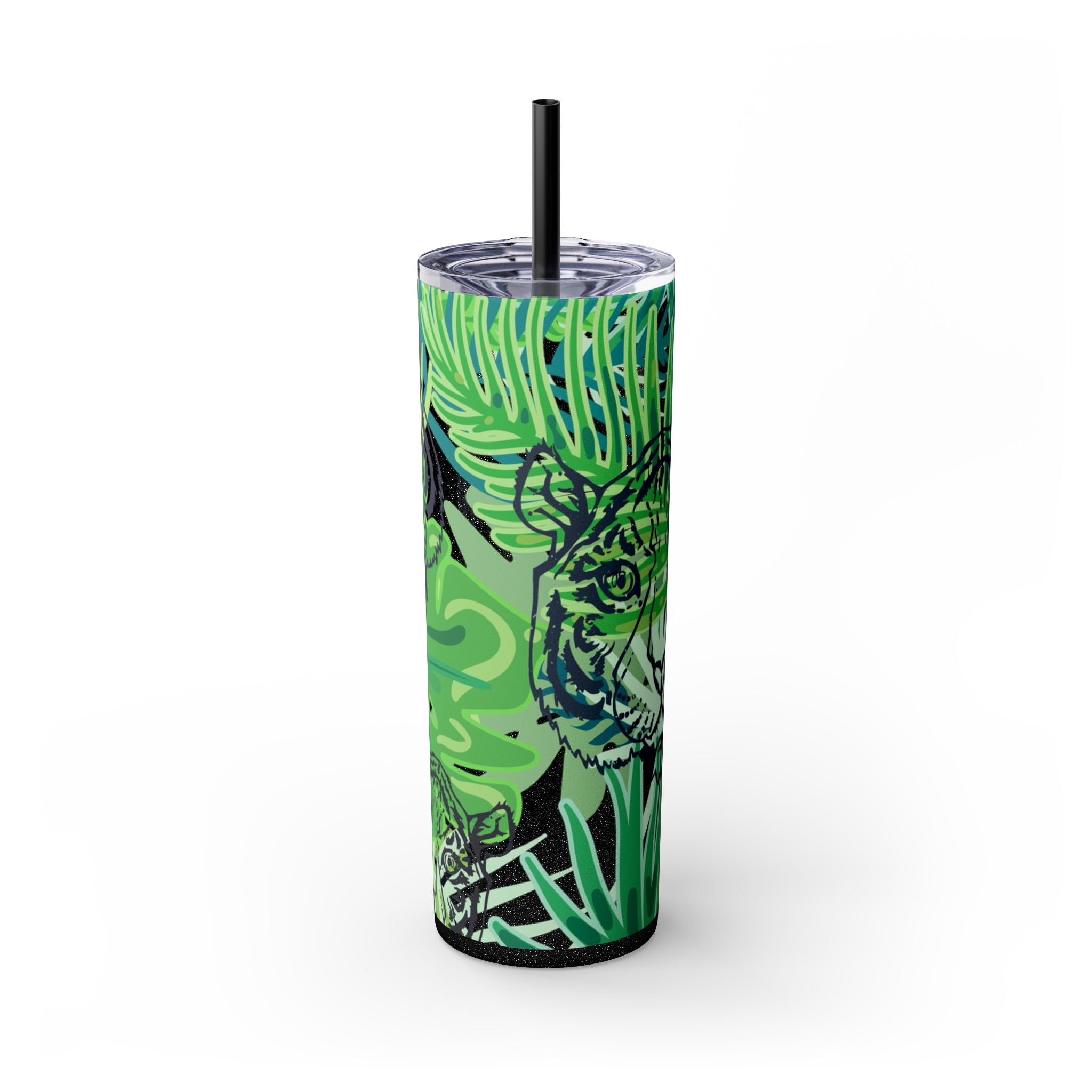 Tropical Jungle Tigers Green Skinny Tumbler with Straw, 20oz, Artsulli - Art is Long, Life is Short, Mug, Finish, Glossy, Color, Glitter Black, Size, 20oz, 14855268547629