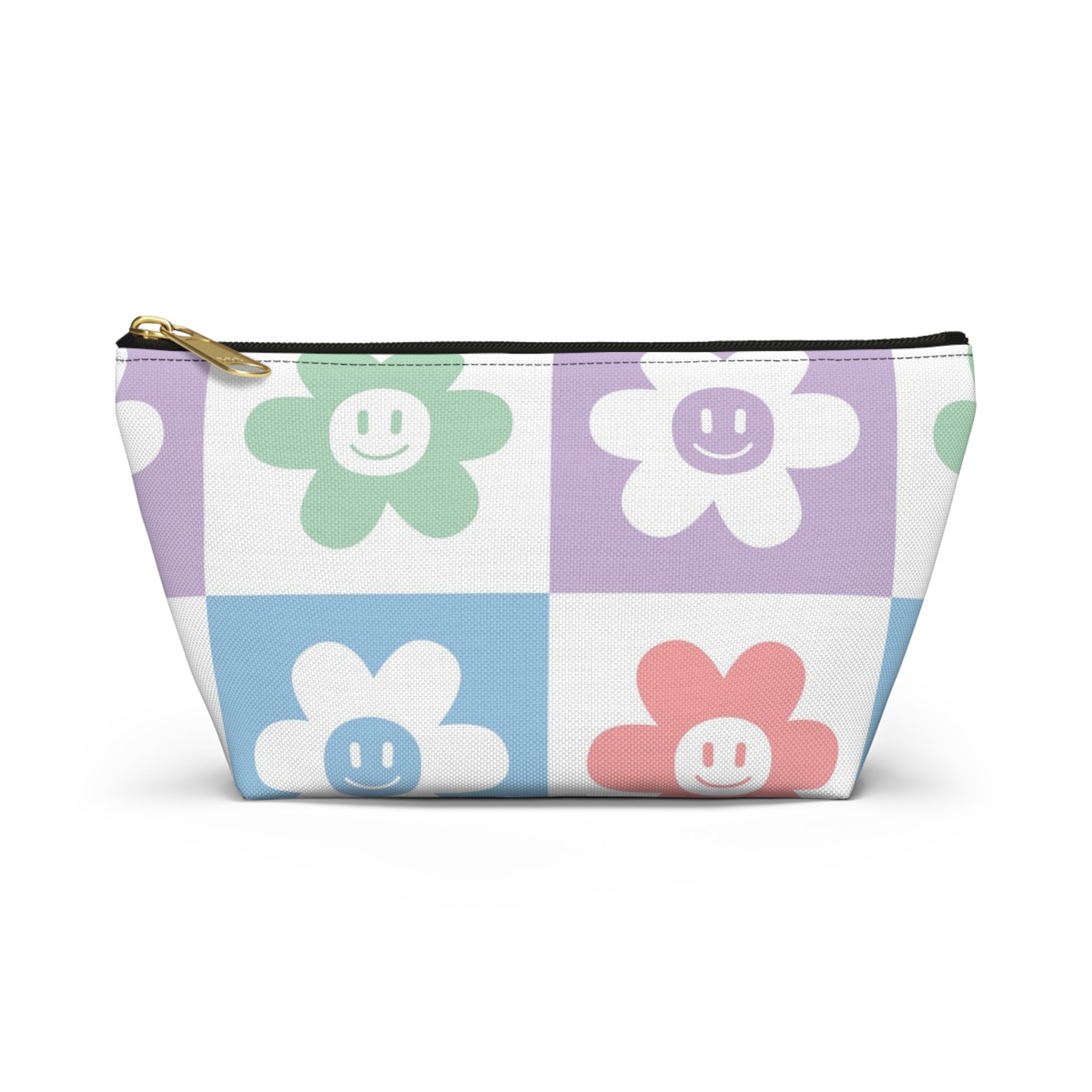 Chessboard x Smiley Face Flowers Multi-Color Accessory Pouch w T-bottom, Artsulli - Art is Long, Life is Short, Bags, Size, Small, Color, Black zipper, , , 23408076820633716007